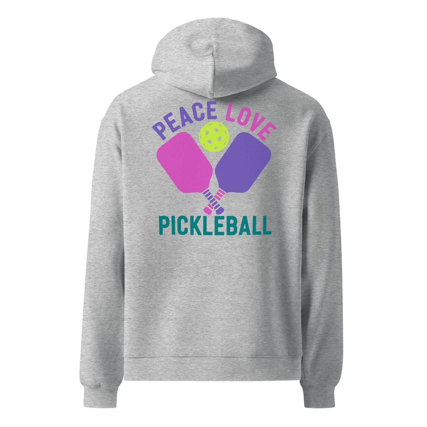 Back view of Women's oversized hoodie featuring 'Peace Love Pickleball' graphic on a gray background.