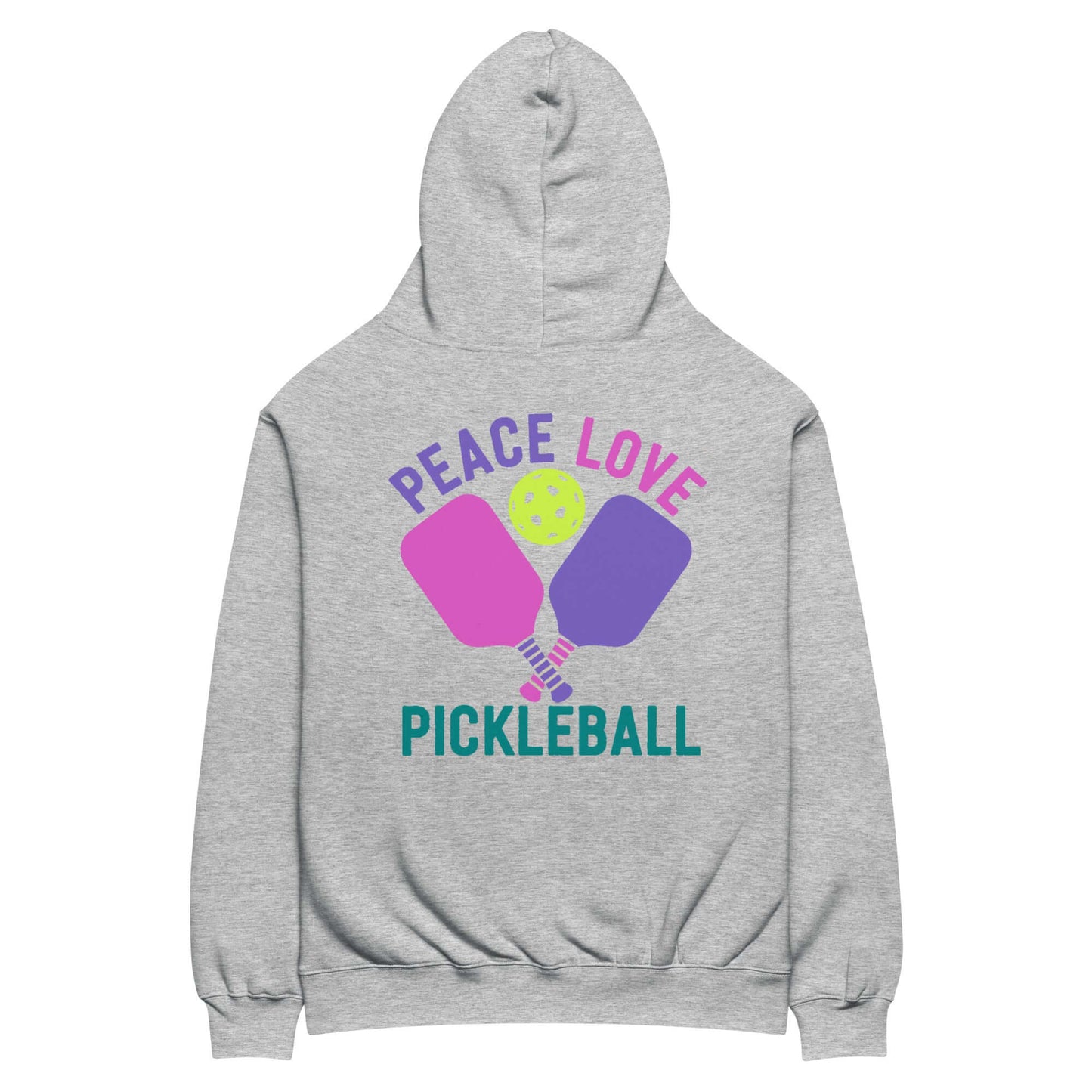 Women's oversized hoodie featuring 'Peace Love Pickleball' graphic in colorful design.