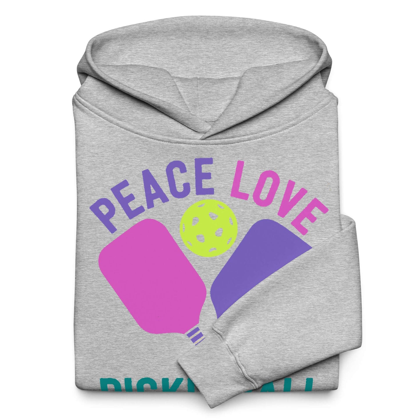 Women's oversized hoodie with 'Peace Love Pickleball' graphic, perfect for athletes and casual wear.