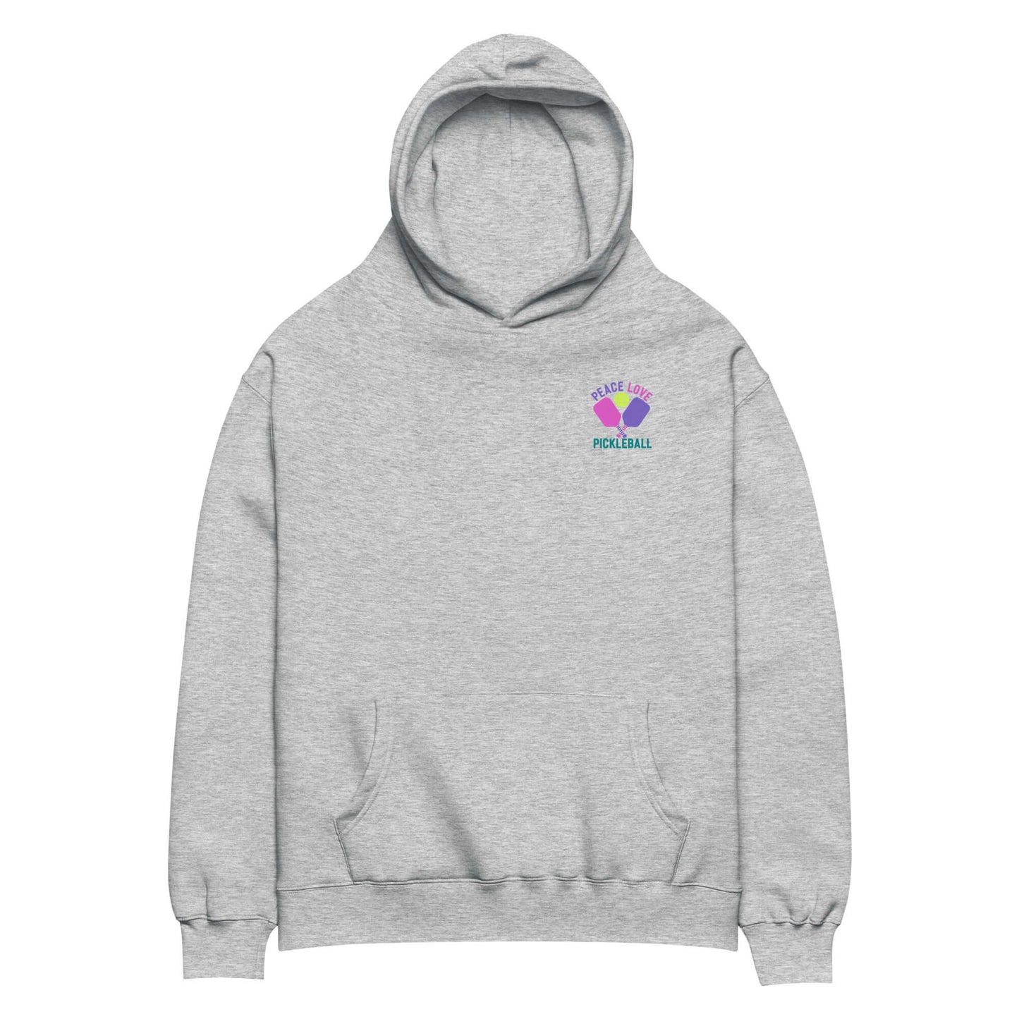 Women's oversized hoodie in grey with Peace, Love, Pickleball graphic, perfect for casual or athletic wear.
