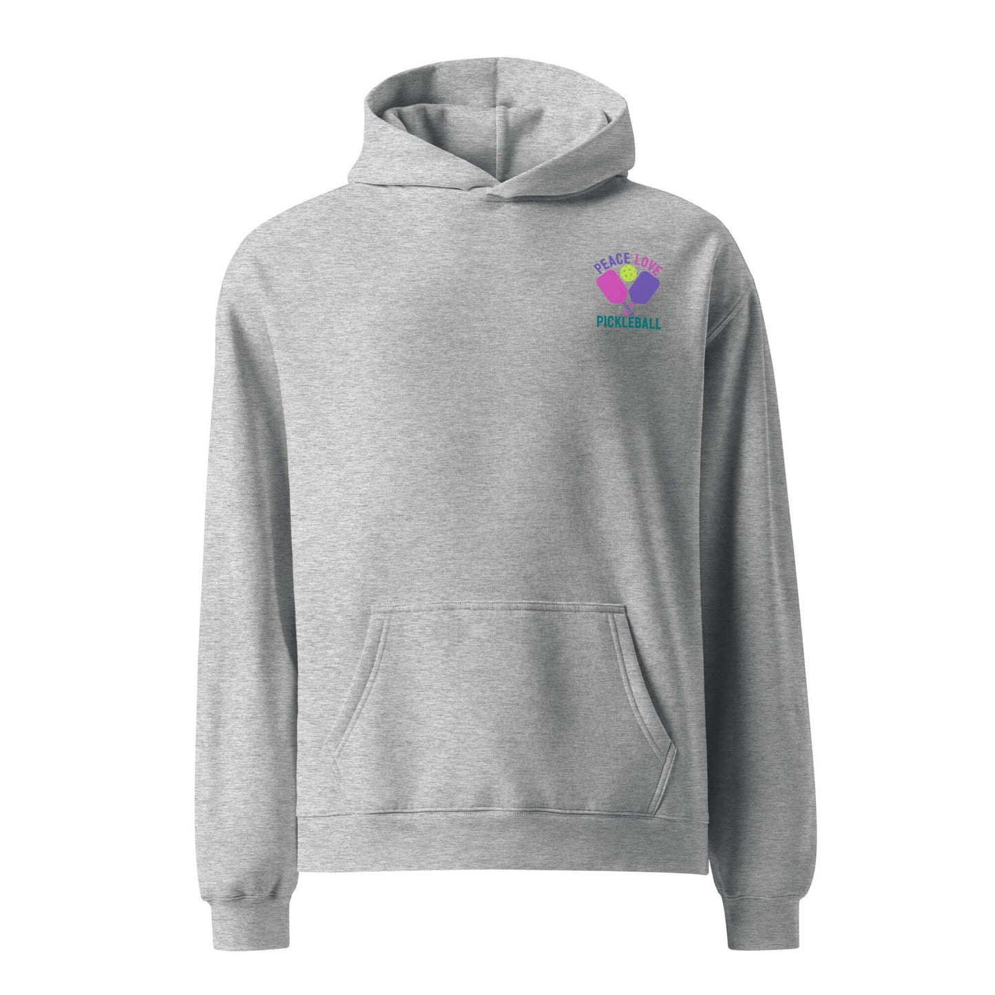 Women's gray oversized hoodie featuring 'Peace, Love, Pickleball' graphic on front.