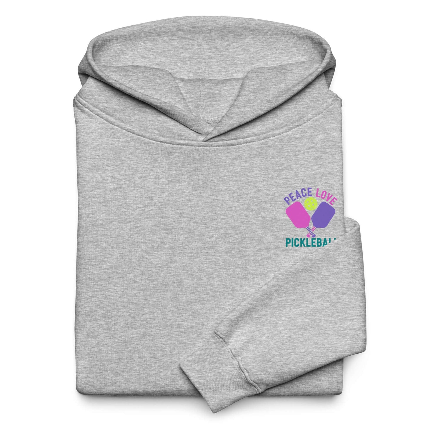 Women's oversized gray hoodie featuring 'Peace Love Pickleball' graphic.