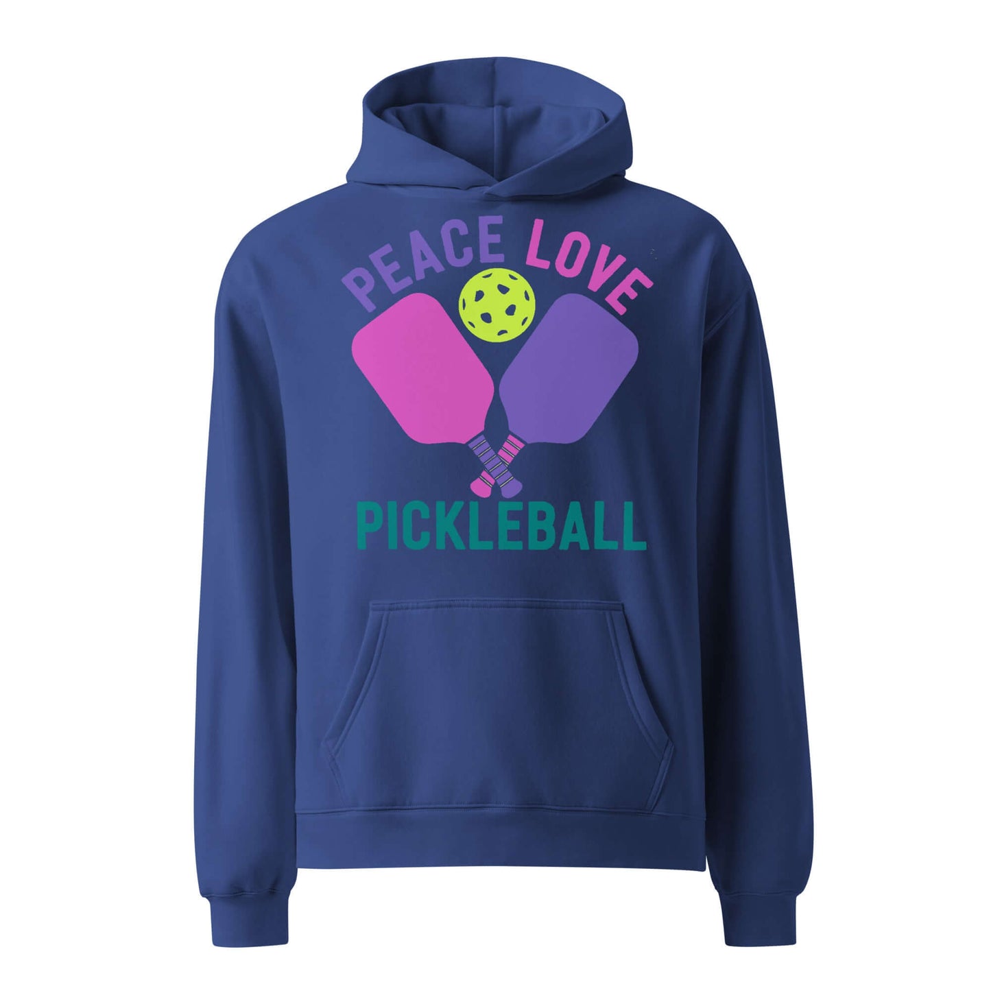 Women's oversized hoodie featuring colorful pickleball paddles and the phrase 'Peace Love Pickleball'.