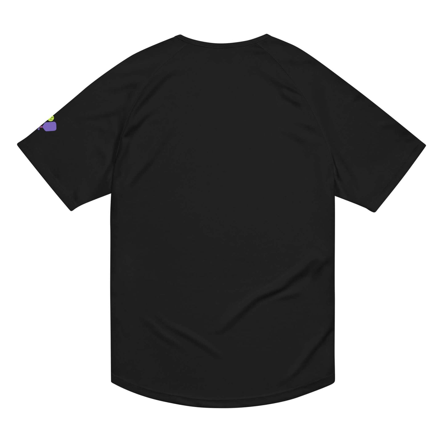 Back view of Women's Peace, Love, Pickleball Performance Shirt in black with colorful pickleball design on the sleeve.