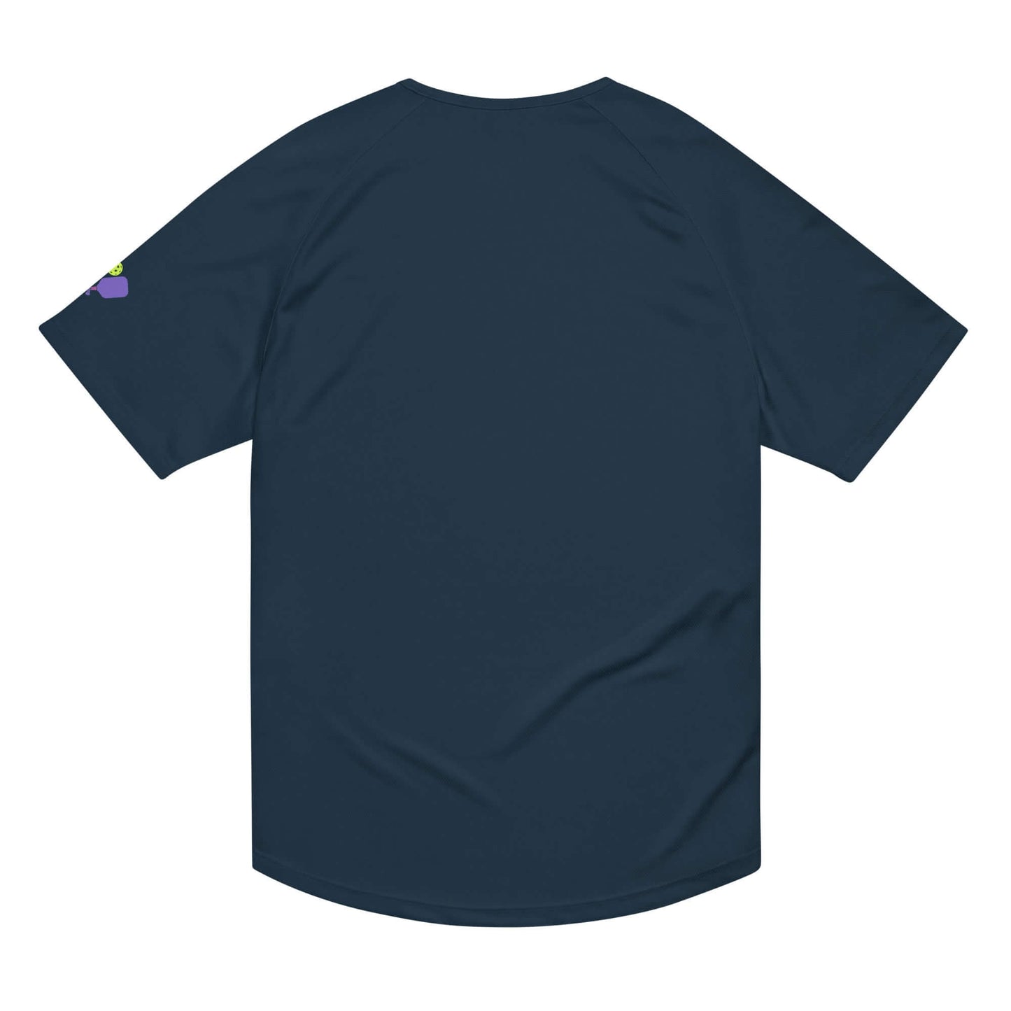 Back view of Women's Peace, Love, Pickleball Performance Shirt in dark navy with pickleball graphic detail.