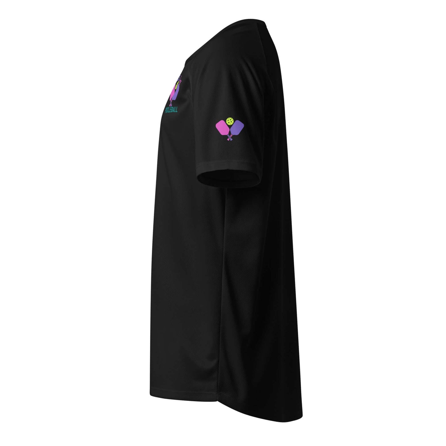 Black Women's Performance Shirt with pickleball design, ideal for sports and casual wear.