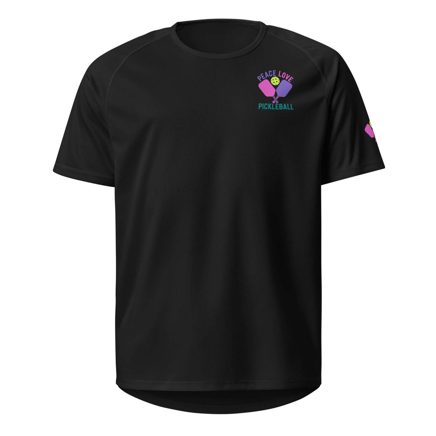 Black Women's Peace Love Pickleball Performance Shirt, stylish and comfortable for athletes and casual wear.