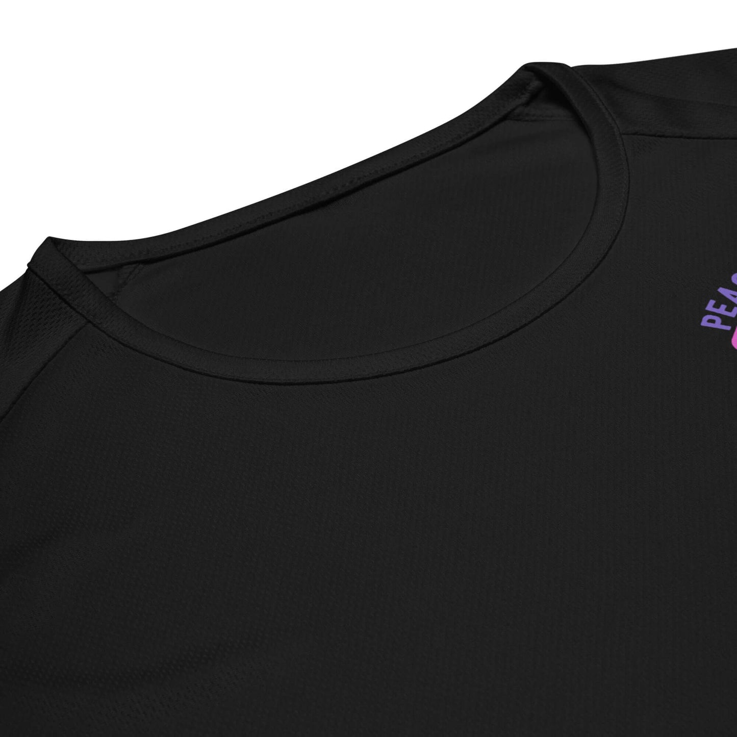 Close-up of the Women's Peace, Love, Pickleball Performance Shirt showing vibrant neckline and graphic design.