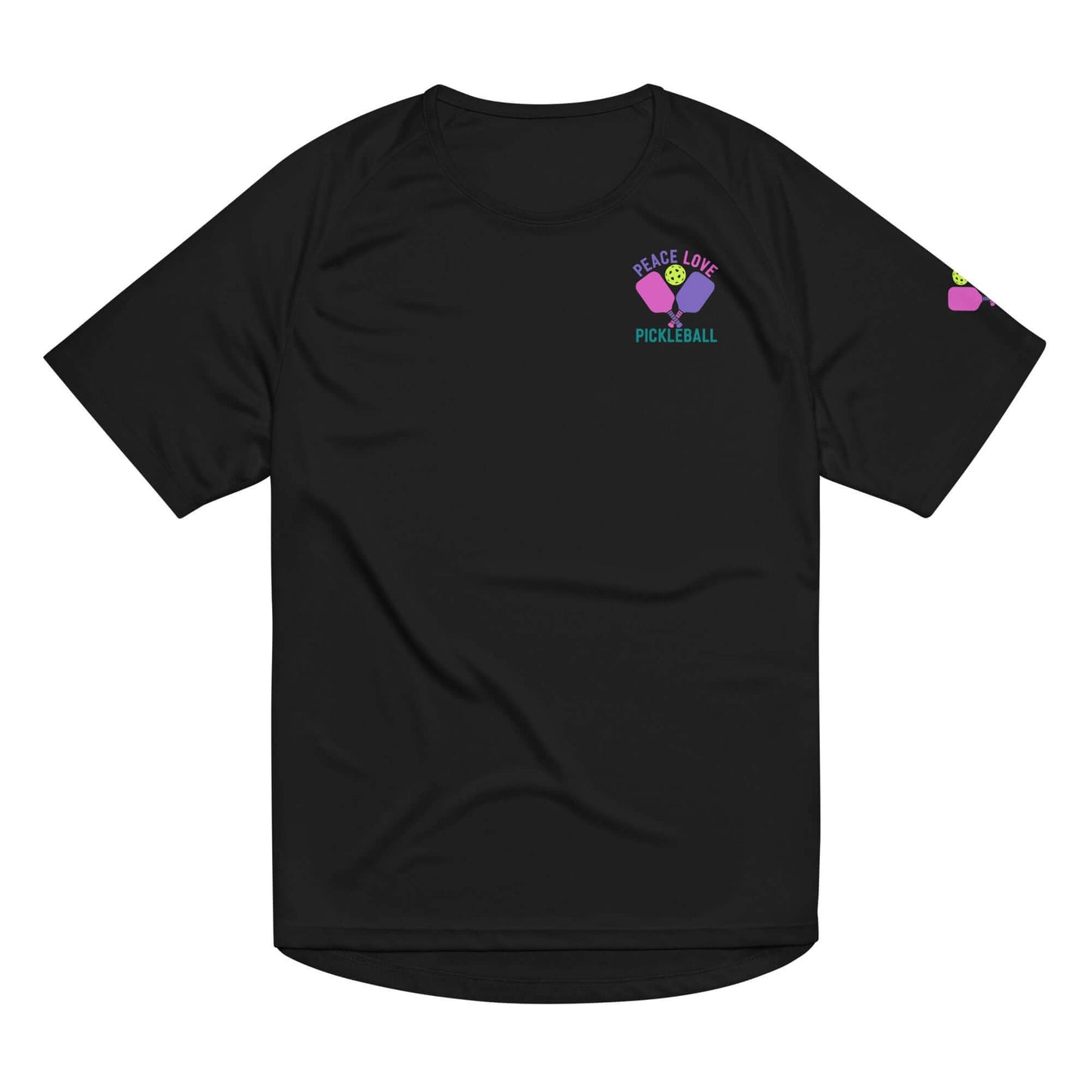 Women's black performance shirt featuring 'Peace, Love, Pickleball' design, ideal for sports and casual wear.