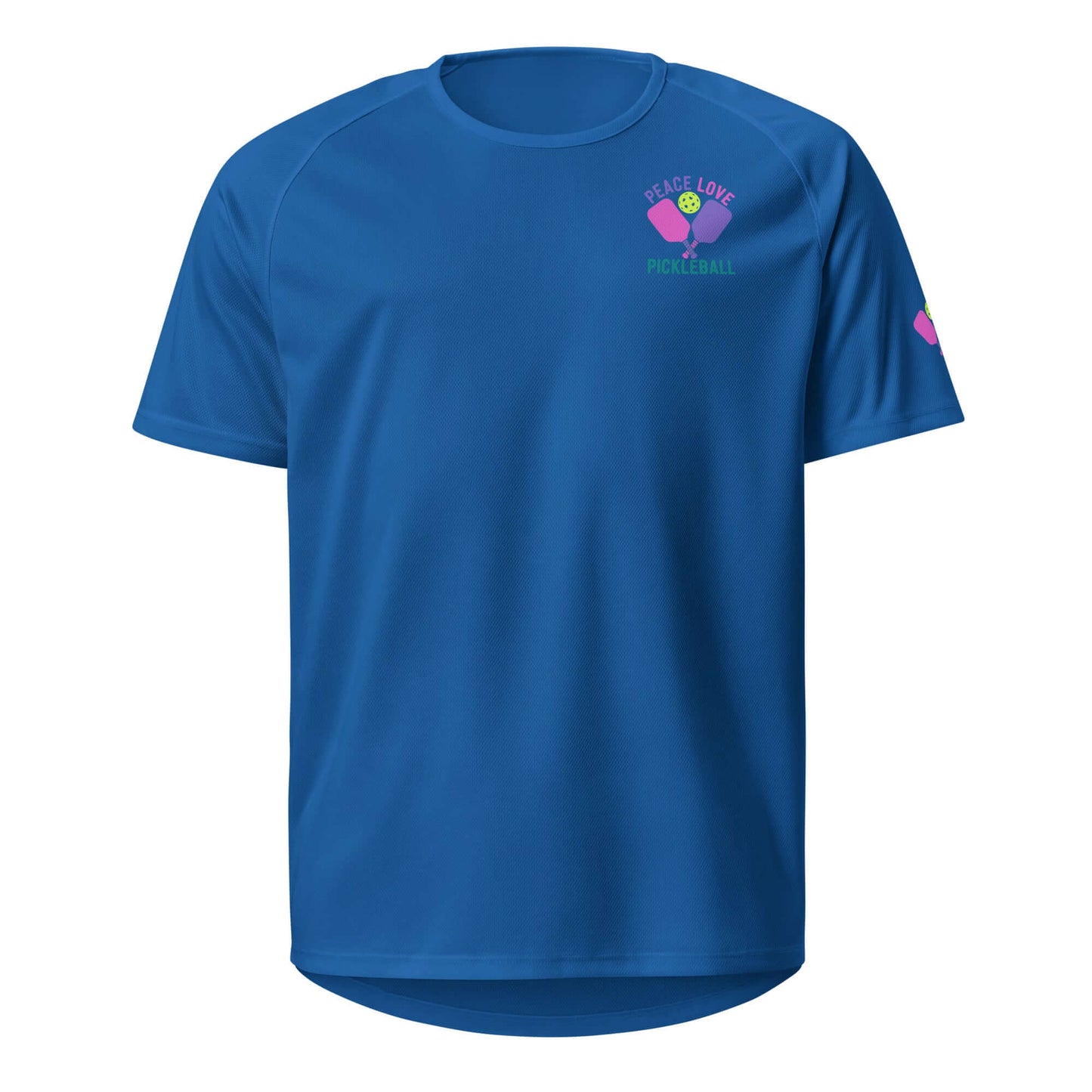 Blue women's performance shirt featuring 'Peace Love Pickleball' graphic for stylish and comfortable play.