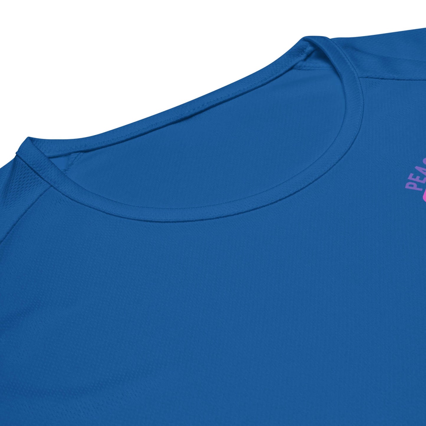 Blue Women's Peace, Love, Pickleball Performance Shirt close-up detailing collar and logo.