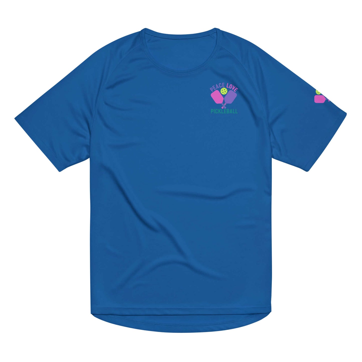 Women's blue performance shirt featuring 'Peace Love Pickleball' design, ideal for sports and casual wear.