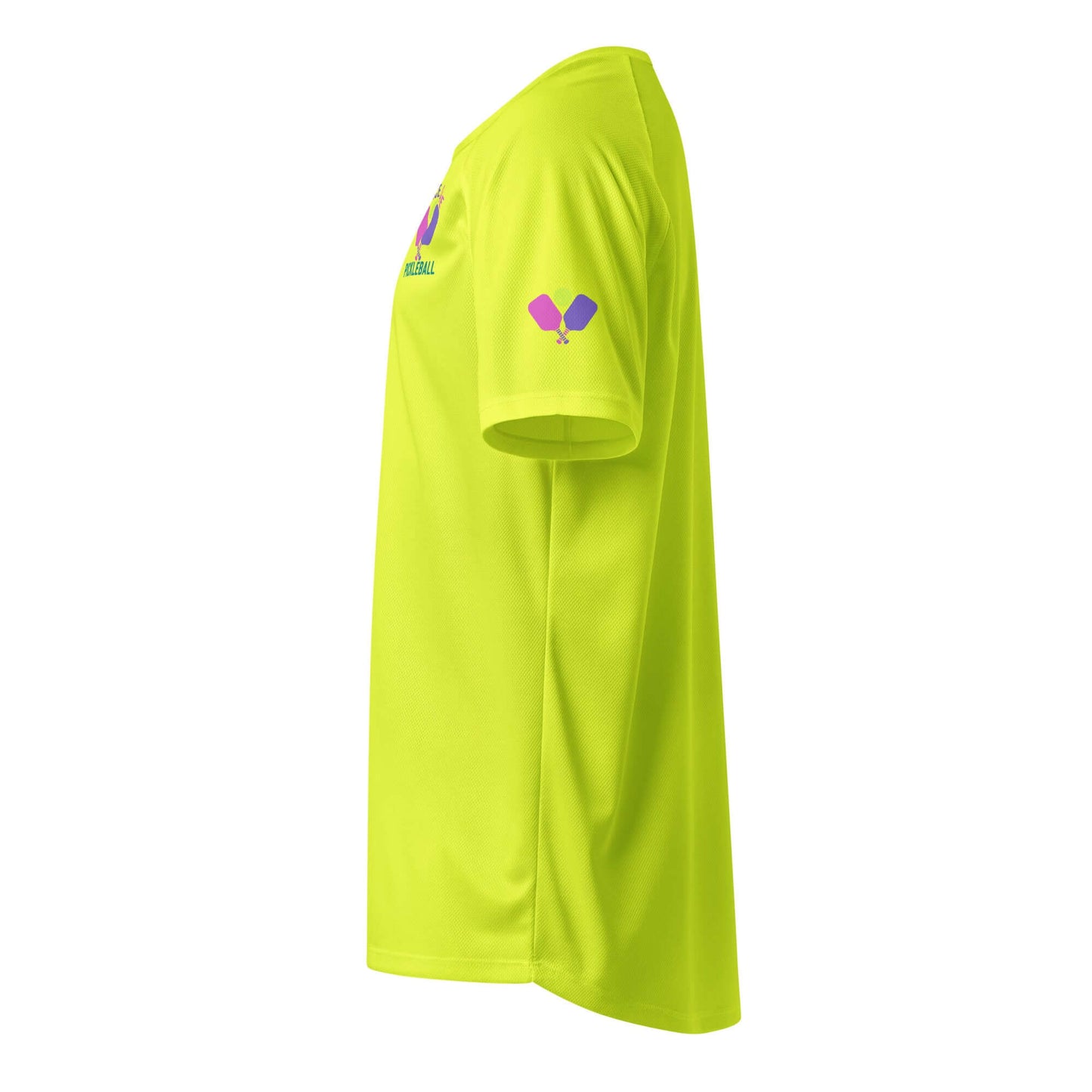 Side view of Women's Peace, Love, Pickleball Performance Shirt in bright yellow, featuring pickleball-themed graphics.