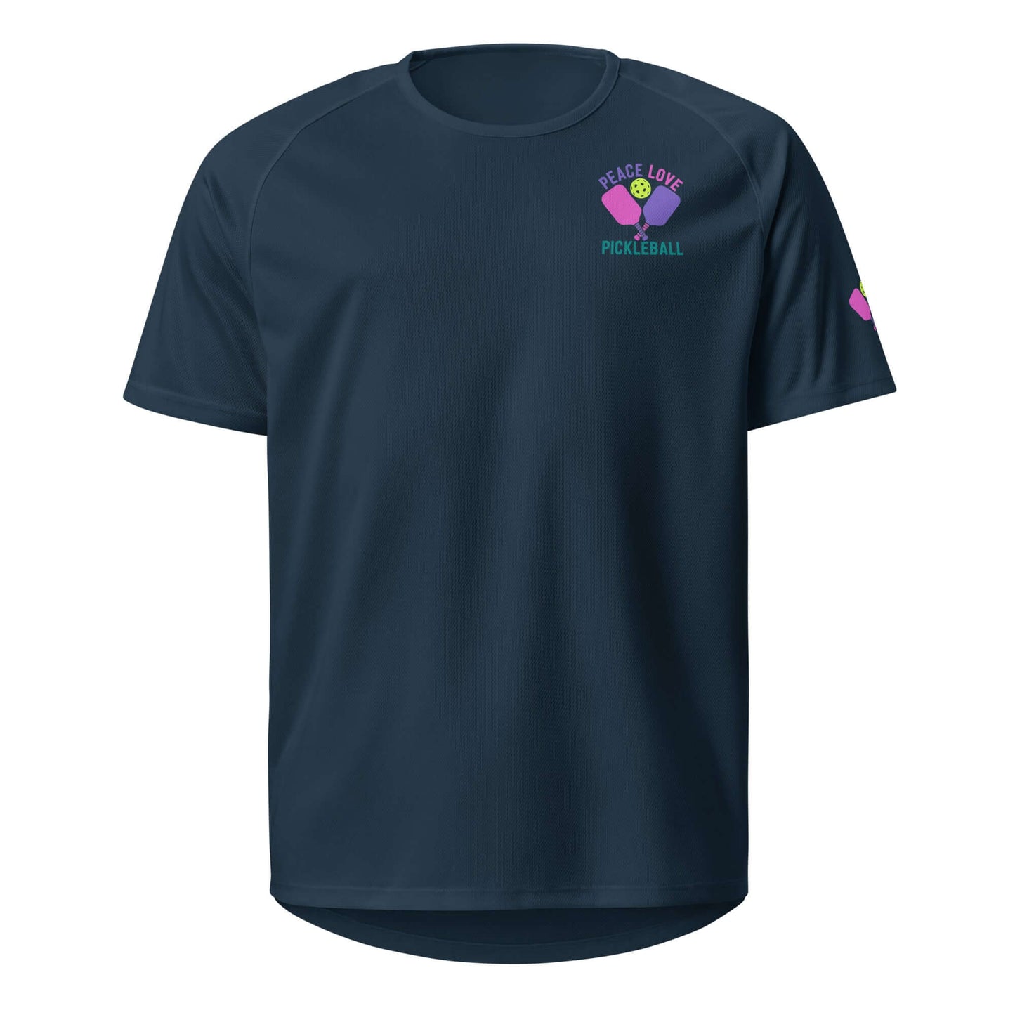 Women's navy performance shirt featuring 'Peace Love Pickleball' design for athletes and casual wear.