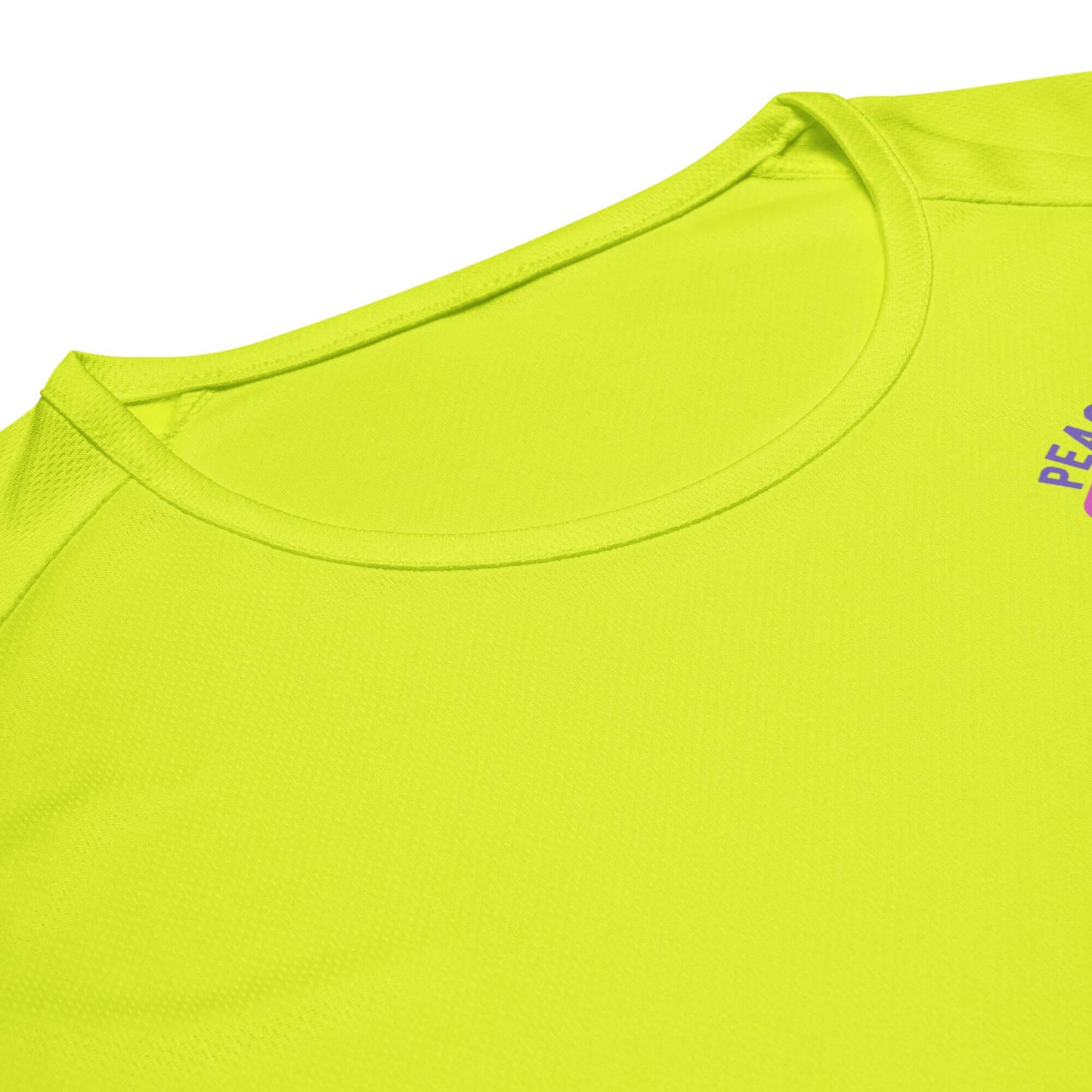 Close-up of Women's Peace, Love, Pickleball Performance Shirt in bright yellow with crew neck and vibrant design.