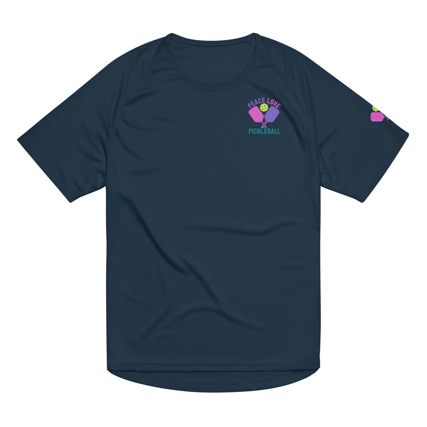 Women's navy performance shirt with 'Peace Love Pickleball' design for active and casual wear.