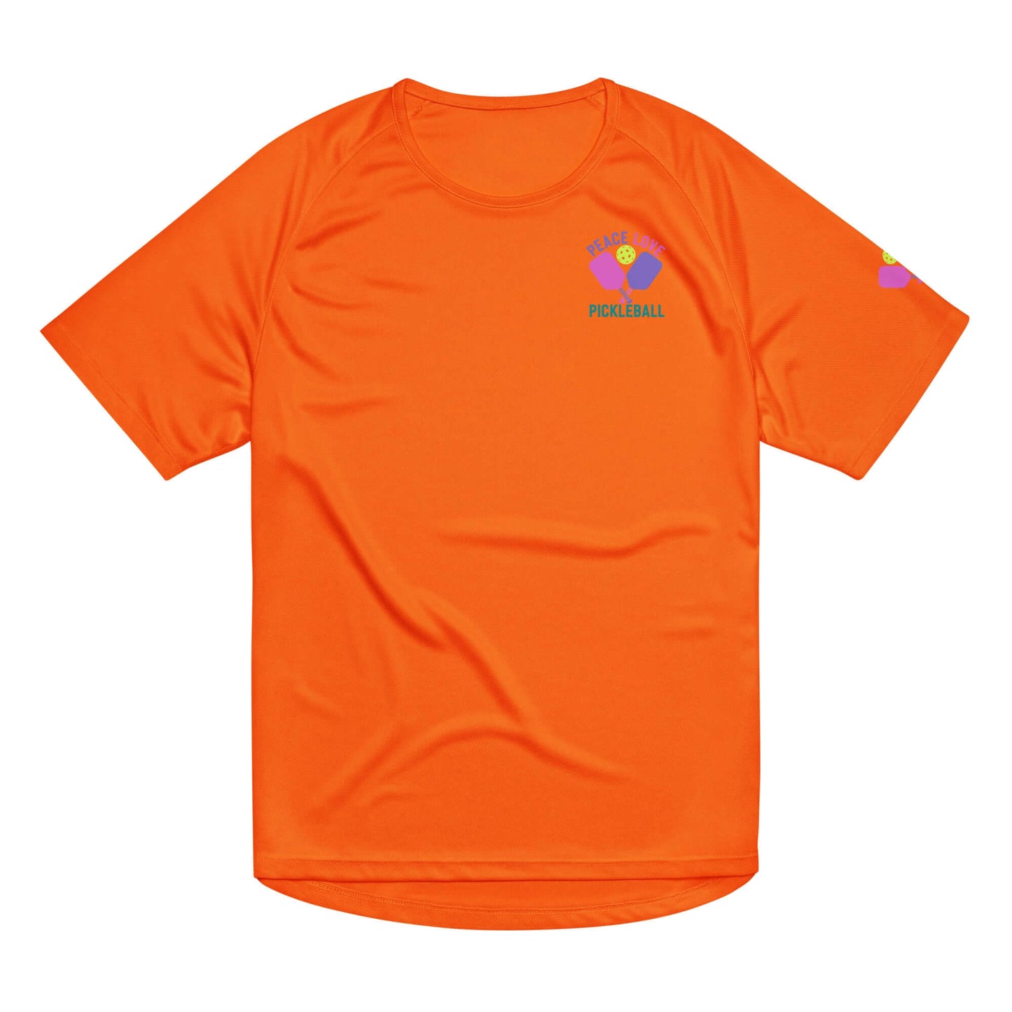 Women's orange performance shirt featuring pickleball graphics, ideal for sports or casual wear.