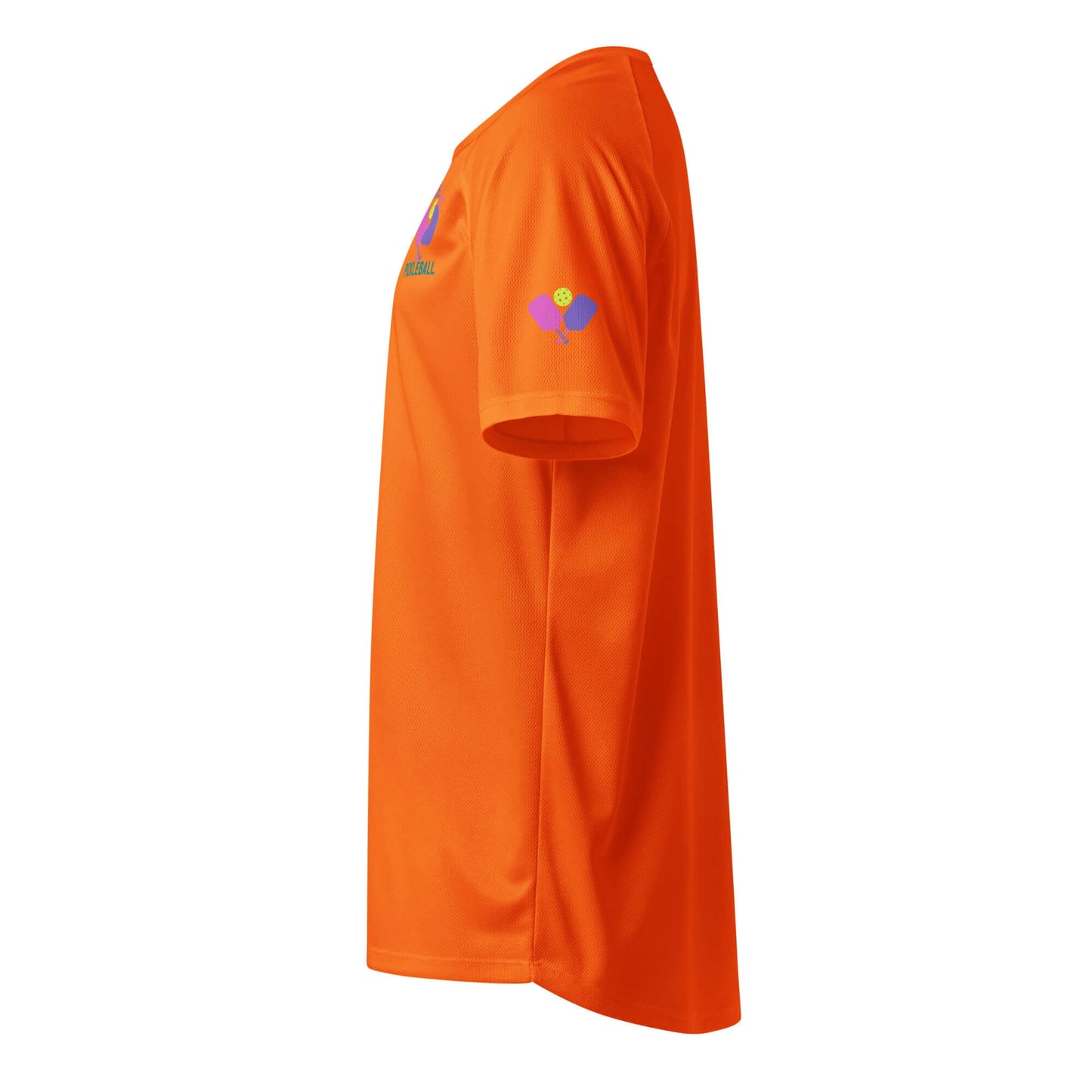 Side view of Women's Performance Pickleball Shirt in orange featuring peace and love graphics.