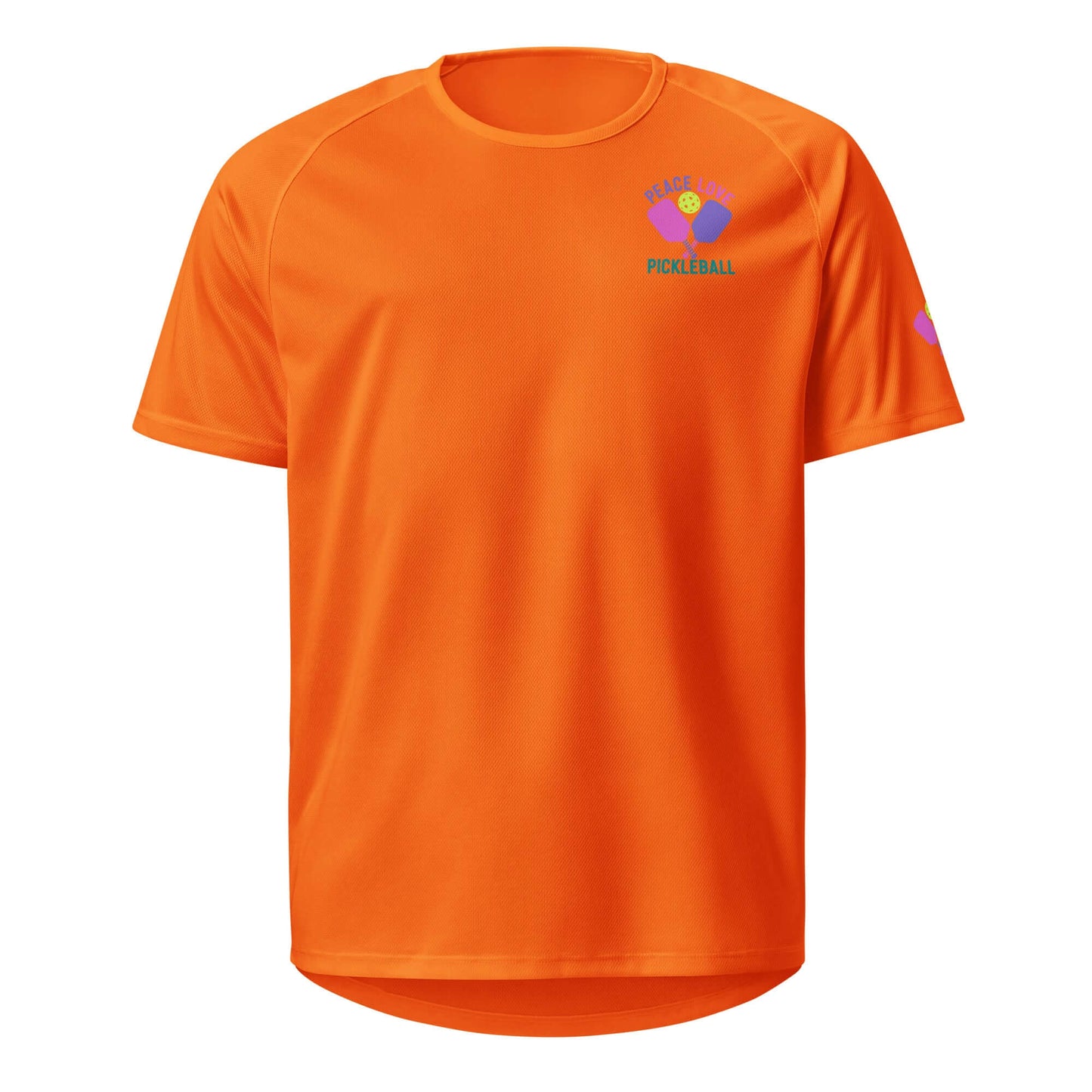 Orange pickleball performance shirt with playful graphic design, perfect for active women.