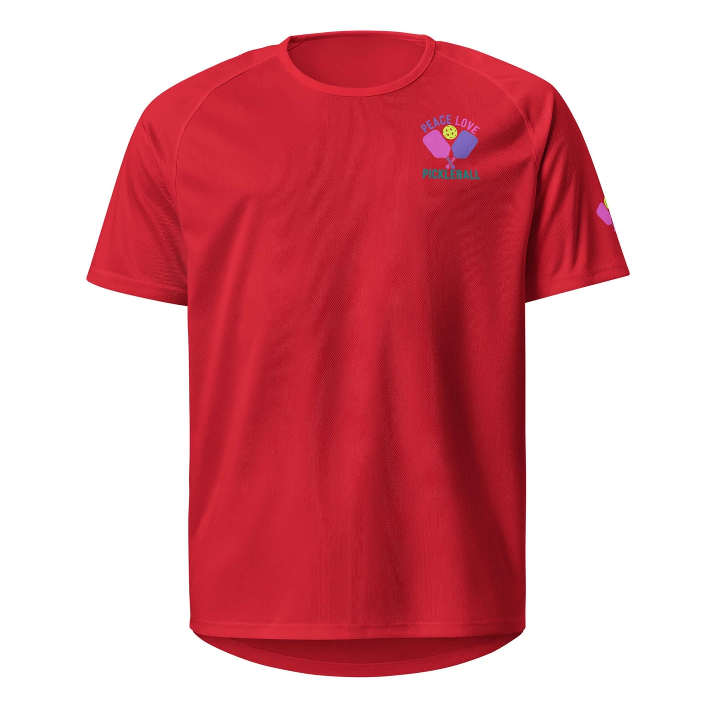 Red women's performance shirt with 'Peace Love Pickleball' print, ideal for workouts and casual wear.