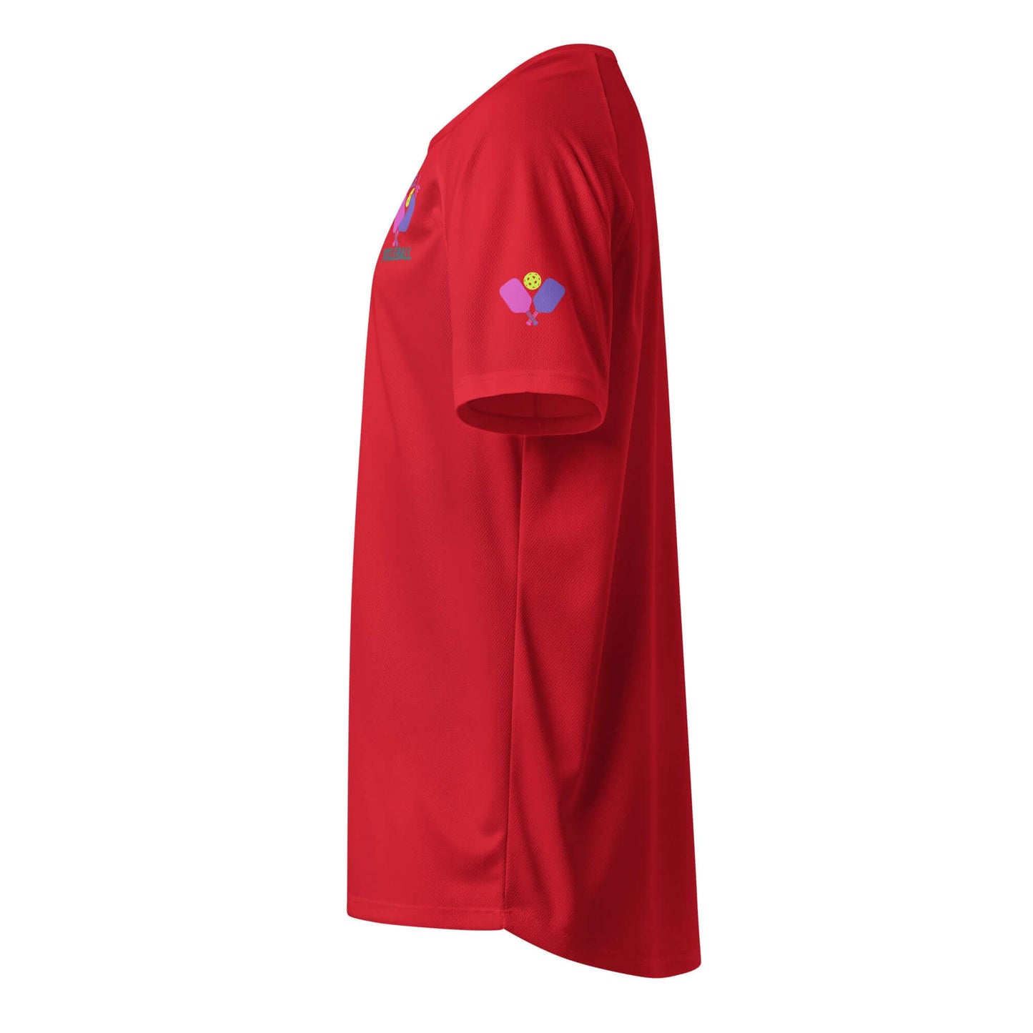 Side view of Women's Peace, Love, Pickleball Performance Shirt in red, emphasizing comfort and style for pickleball enthusiasts.