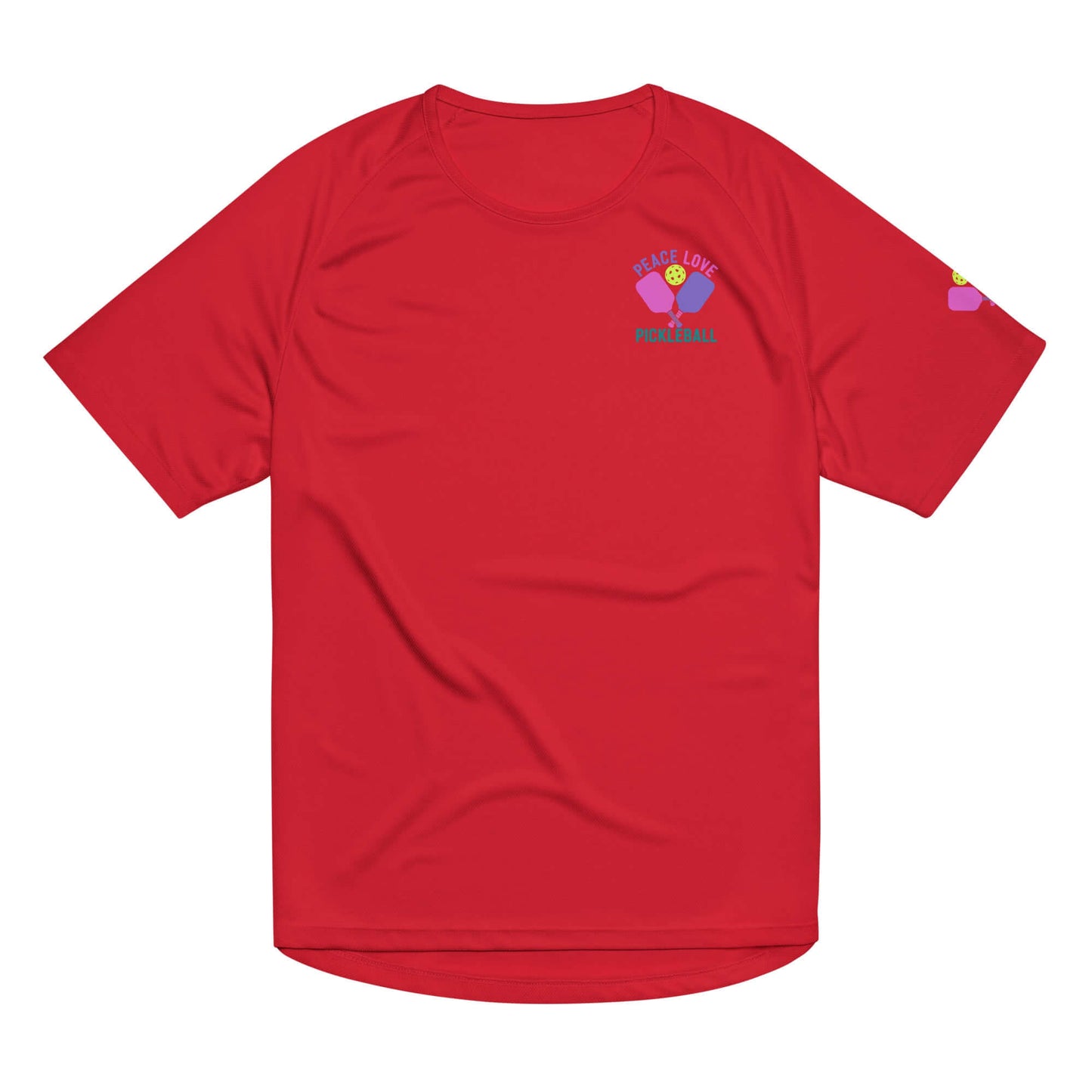 Red Women's Peace, Love, Pickleball Performance Shirt featuring playful graphics and relaxed fit for comfort and style.