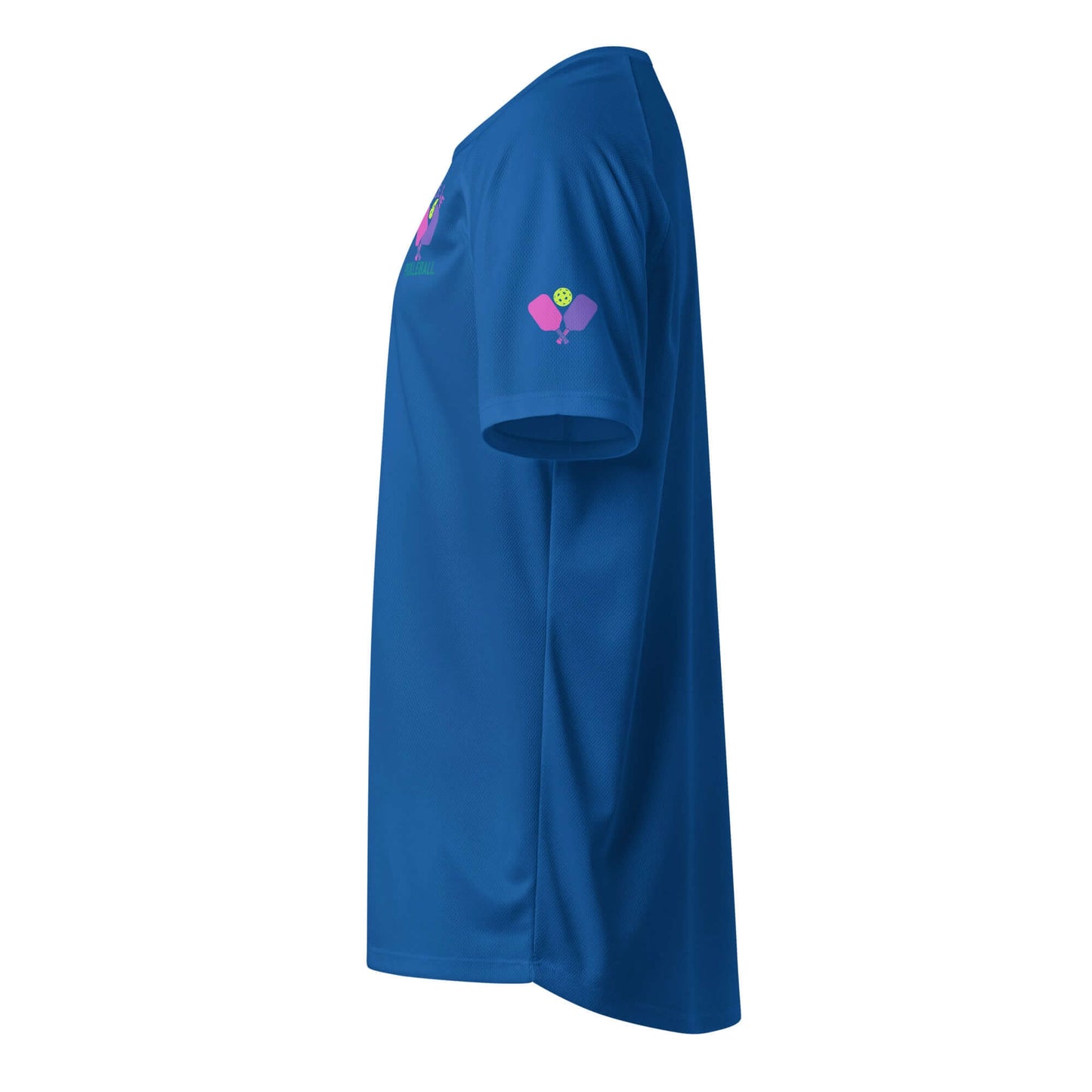 Women's Peace, Love, Pickleball Performance Shirt in blue, featuring pickleball graphics and a comfortable fit.