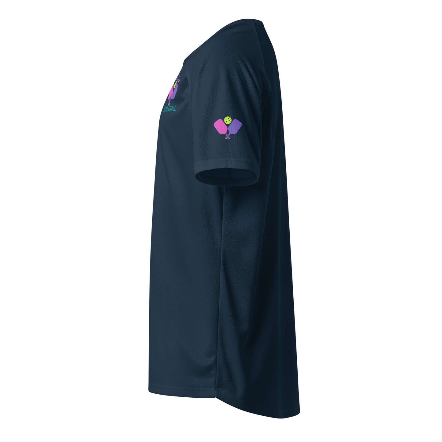 Side view of Women's Peace, Love, Pickleball Performance Shirt showcasing its stylish design and breathable fabric.