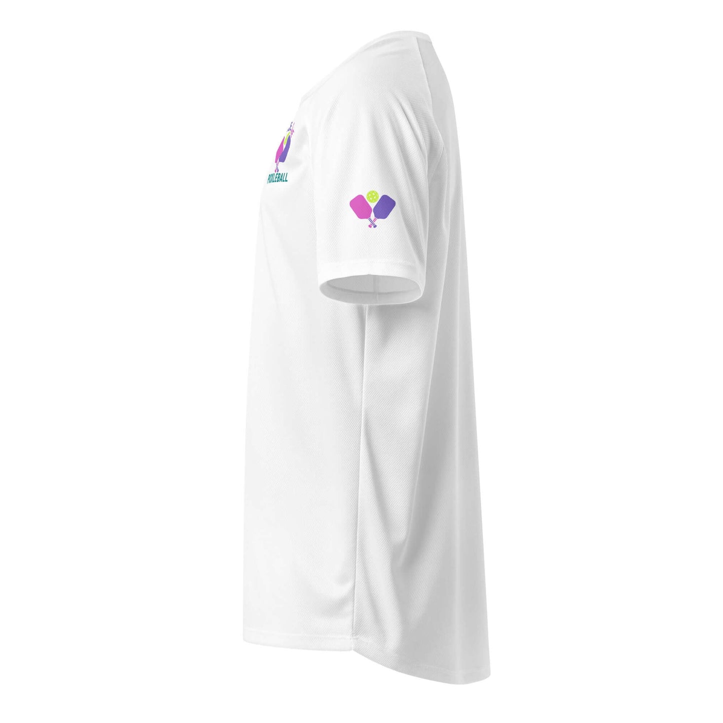 Women's Peace, Love, Pickleball Performance Shirt in white, showcasing stylish front graphics and short sleeves.