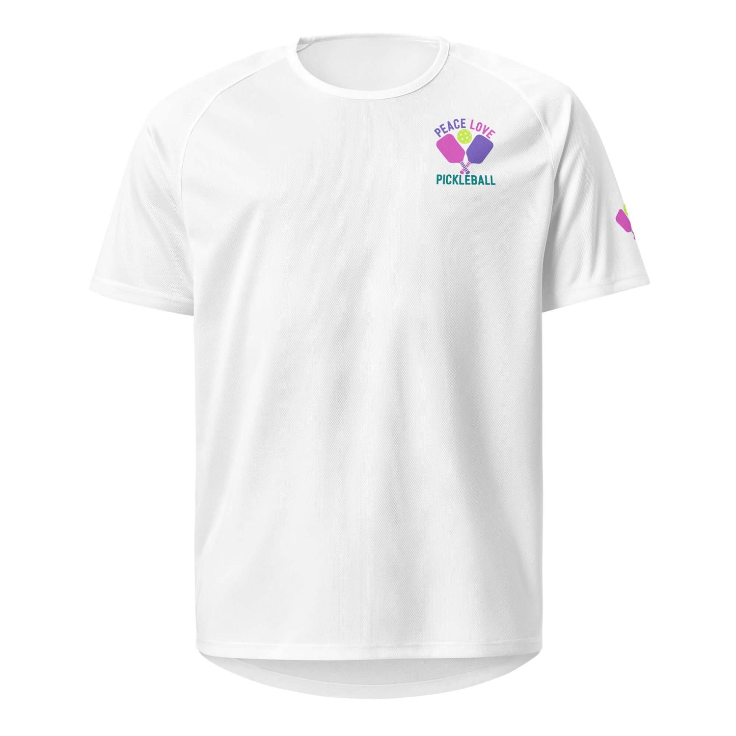 Women's white performance shirt featuring 'Peace Love Pickleball' logo, ideal for workouts and casual wear.