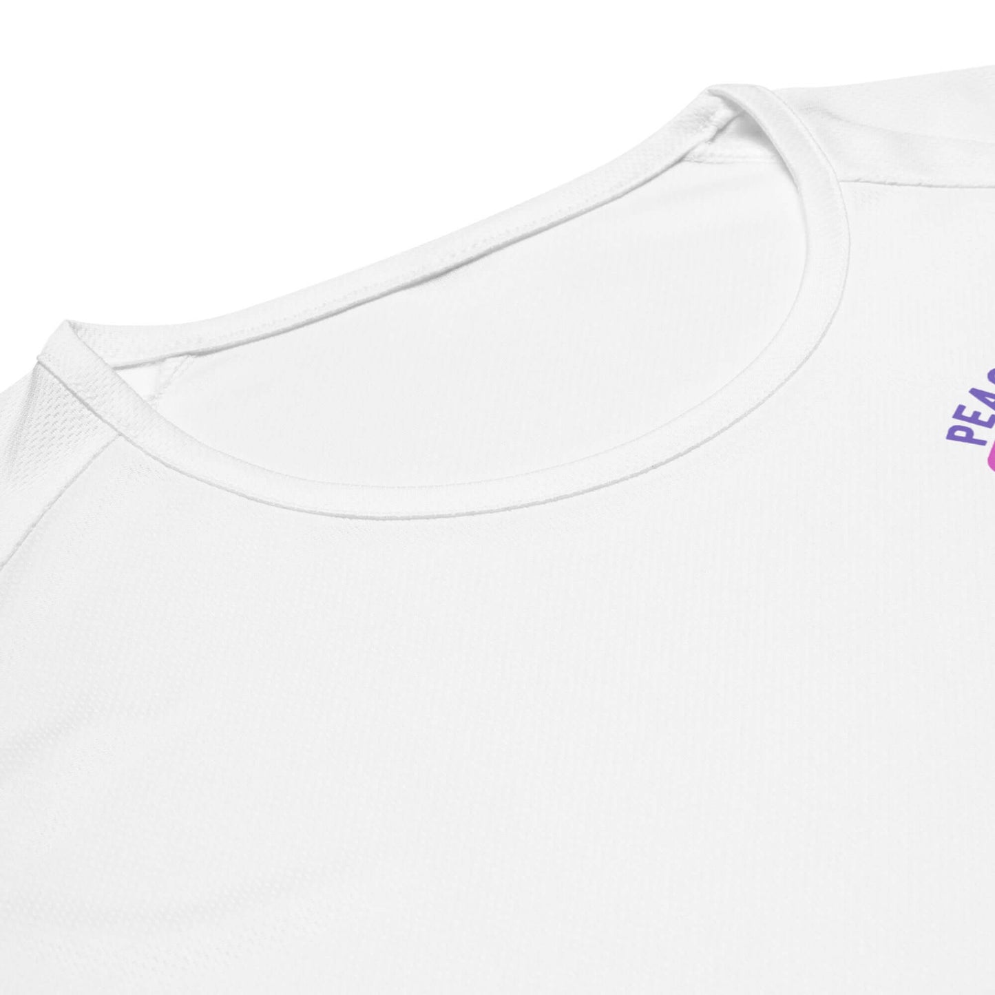 Close-up of Women's Peace, Love, Pickleball Performance Shirt, featuring a comfortable neckline and vibrant design elements.