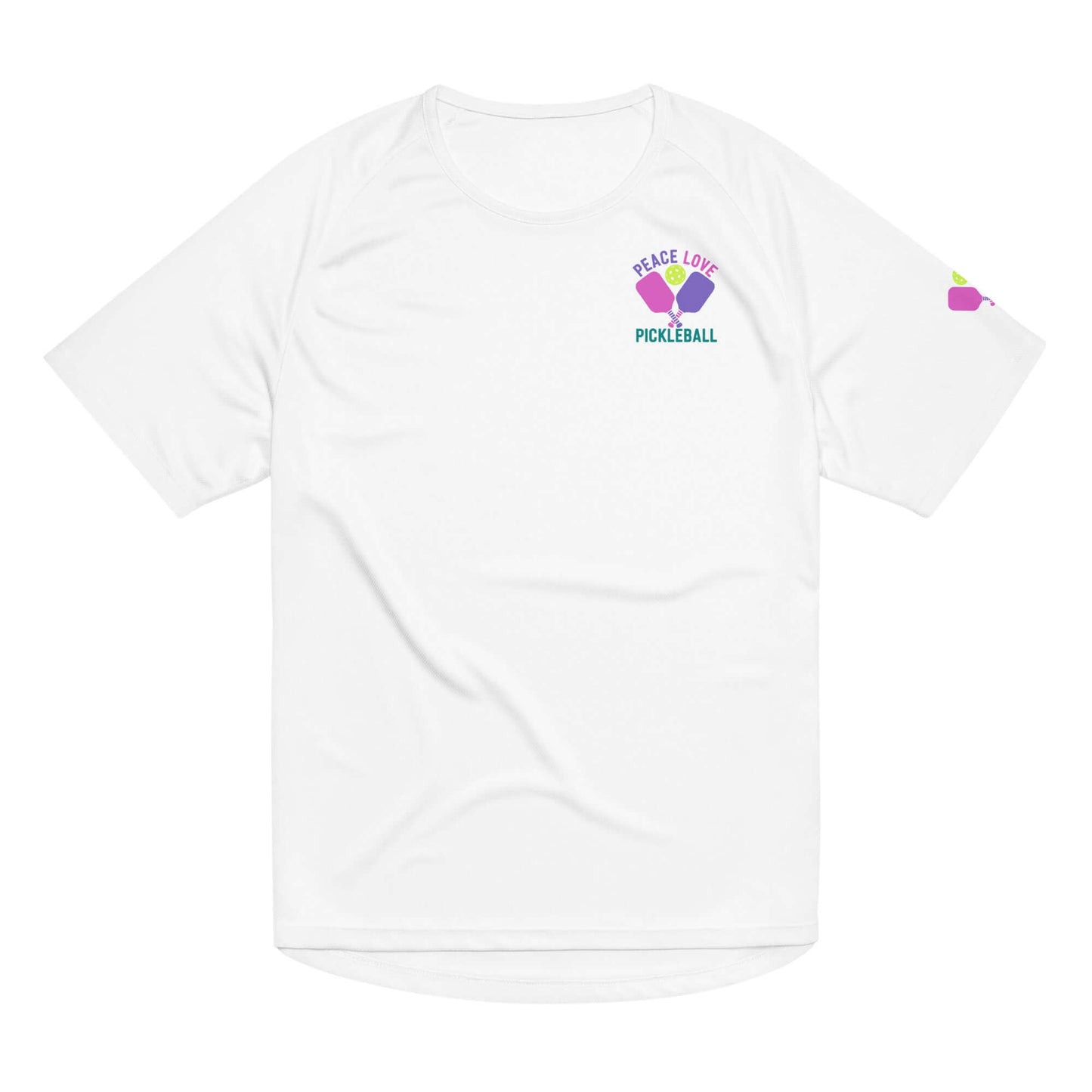 Women's white Peace Love Pickleball performance shirt, ideal for sports and casual wear.