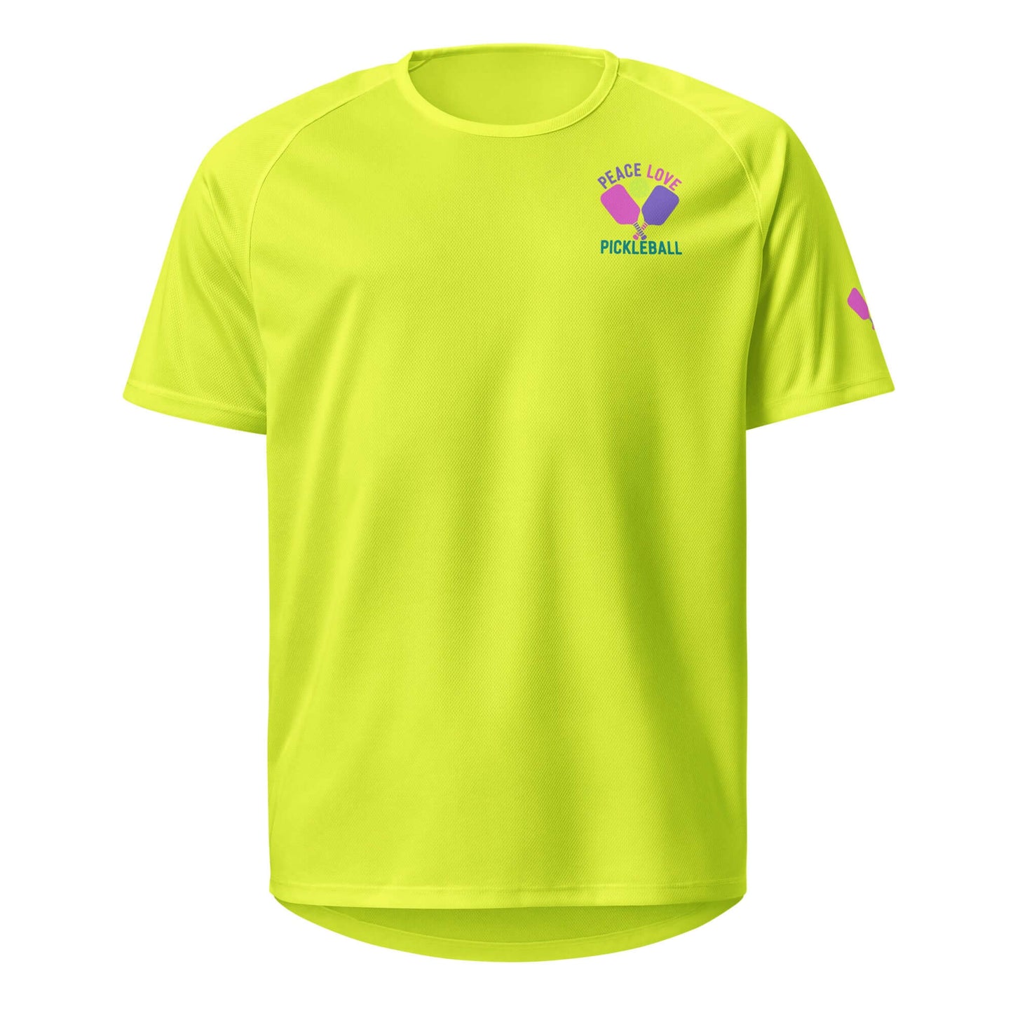 Bright yellow women's performance shirt featuring 'Peace Love Pickleball' design, ideal for sports and casual wear.