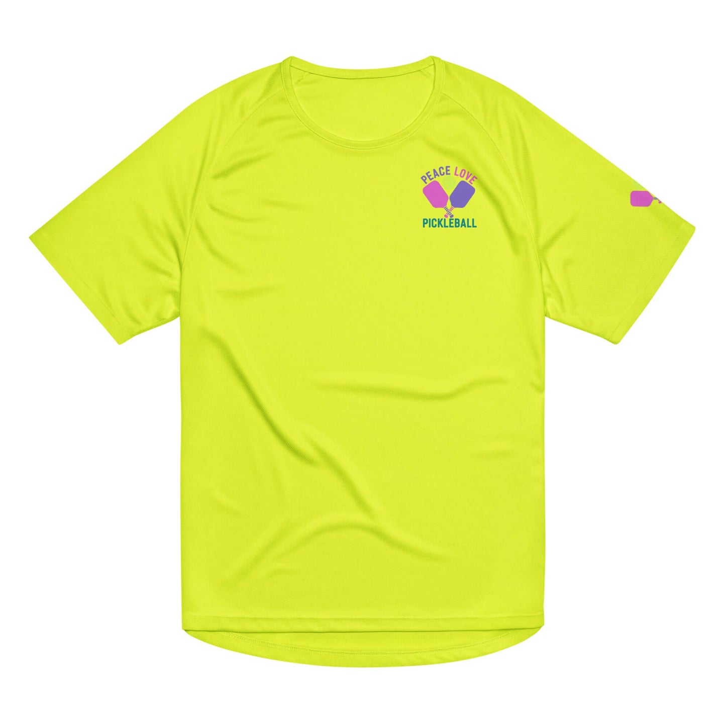 Bright yellow Women's Peace, Love, Pickleball Performance Shirt, perfect for active play and casual wear.