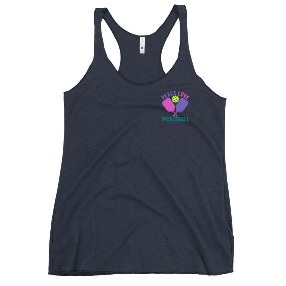 Women's Peace Love Pickleball Racerback Tank in charcoal with colorful logo for pickleball enthusiasts.