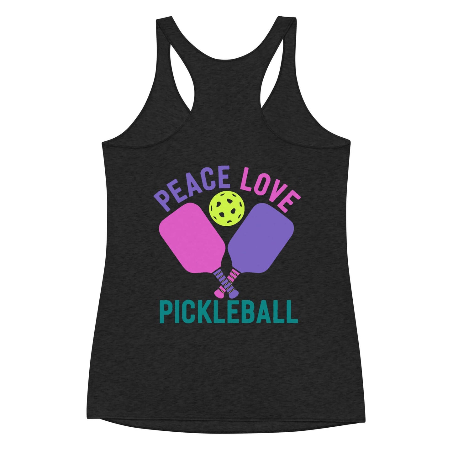 Women's black racerback tank featuring 'Peace Love Pickleball' graphic with paddles and a ball.