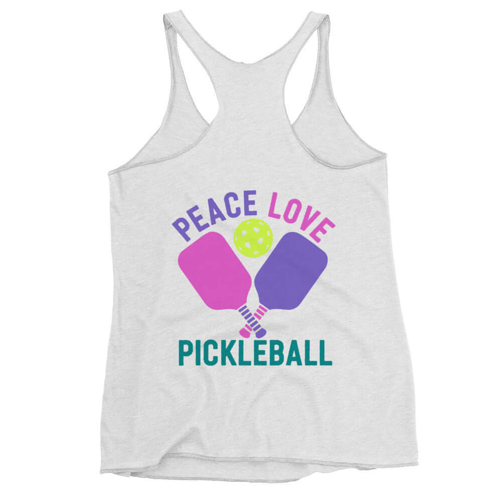 Women's racerback tank top featuring 'Peace Love Pickleball' graphic and vibrant colors.