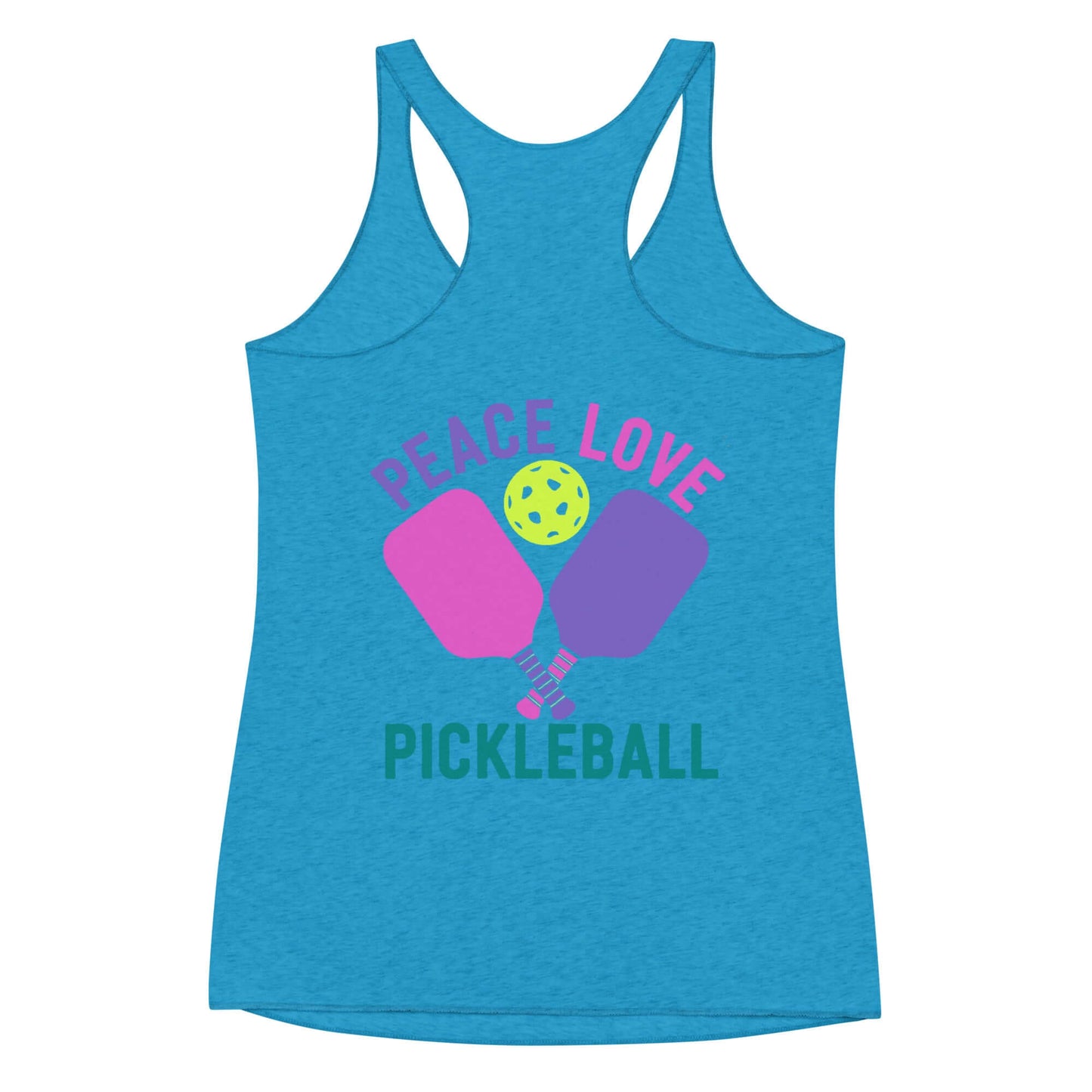 Women's racerback tank top featuring 'Peace Love Pickleball' design in blue, perfect for on and off the court.