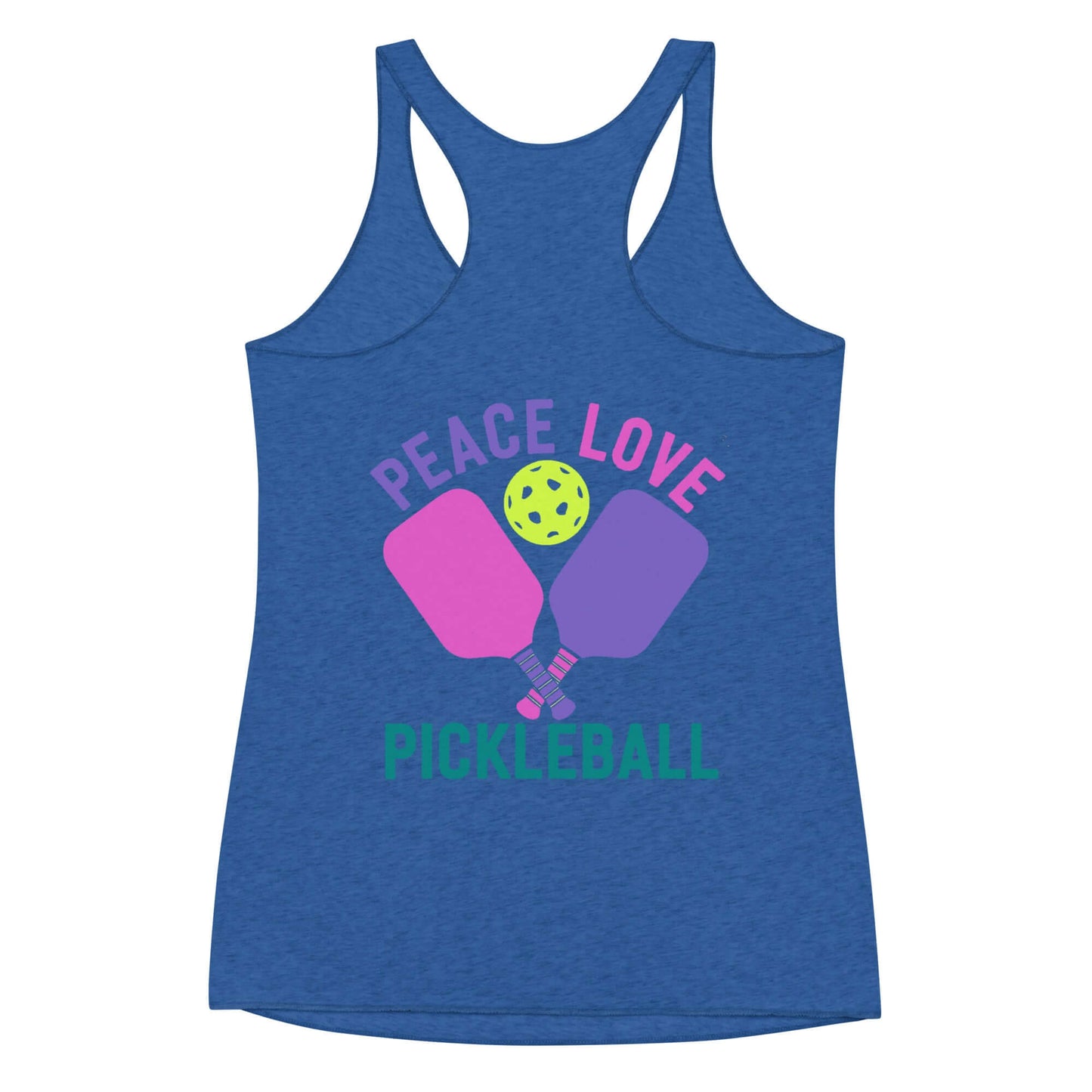 Women's blue tank top featuring 'Peace Love Pickleball' graphic with paddles and a pickleball design.