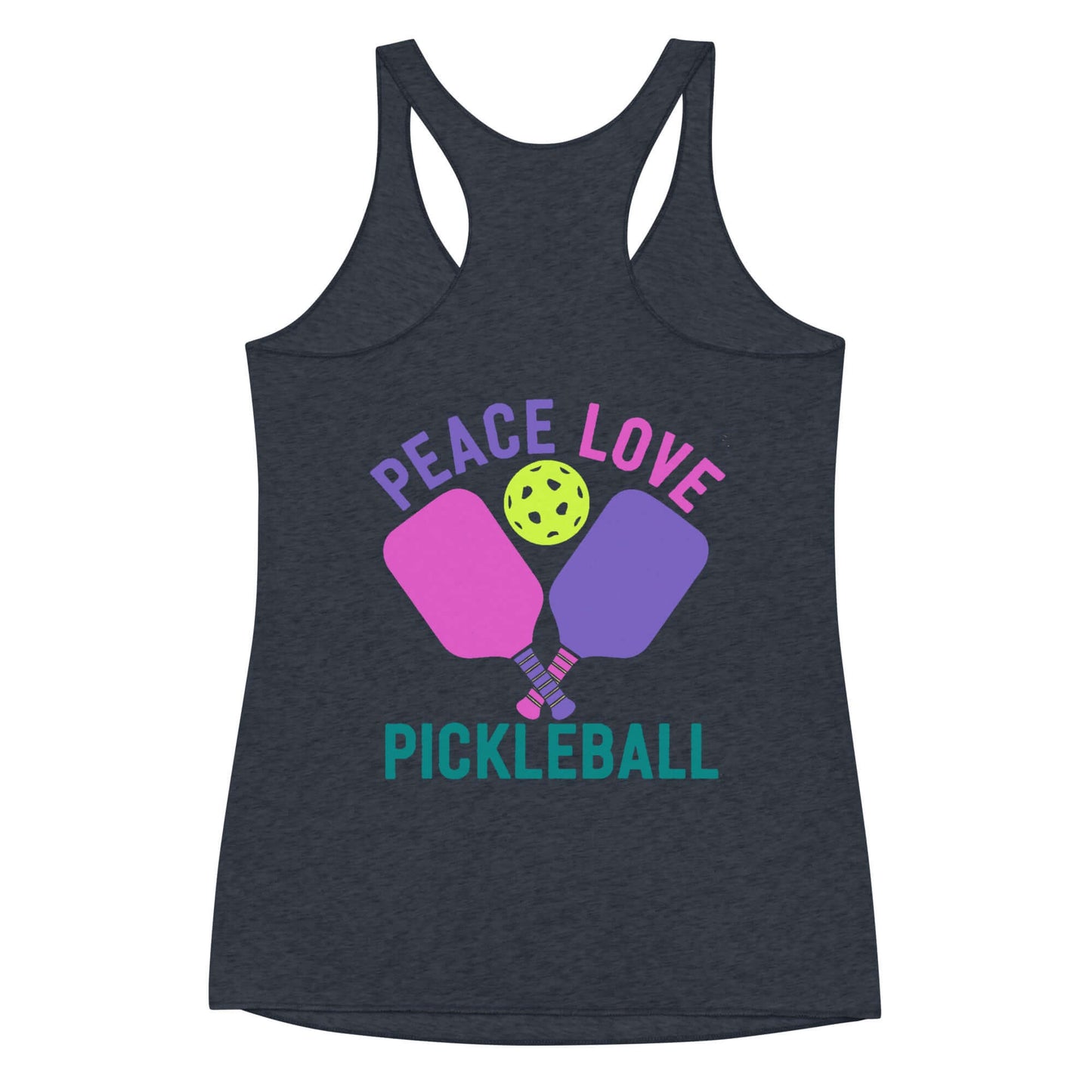 Women's racerback tank top featuring 'Peace Love Pickleball' design with paddles and a ball.