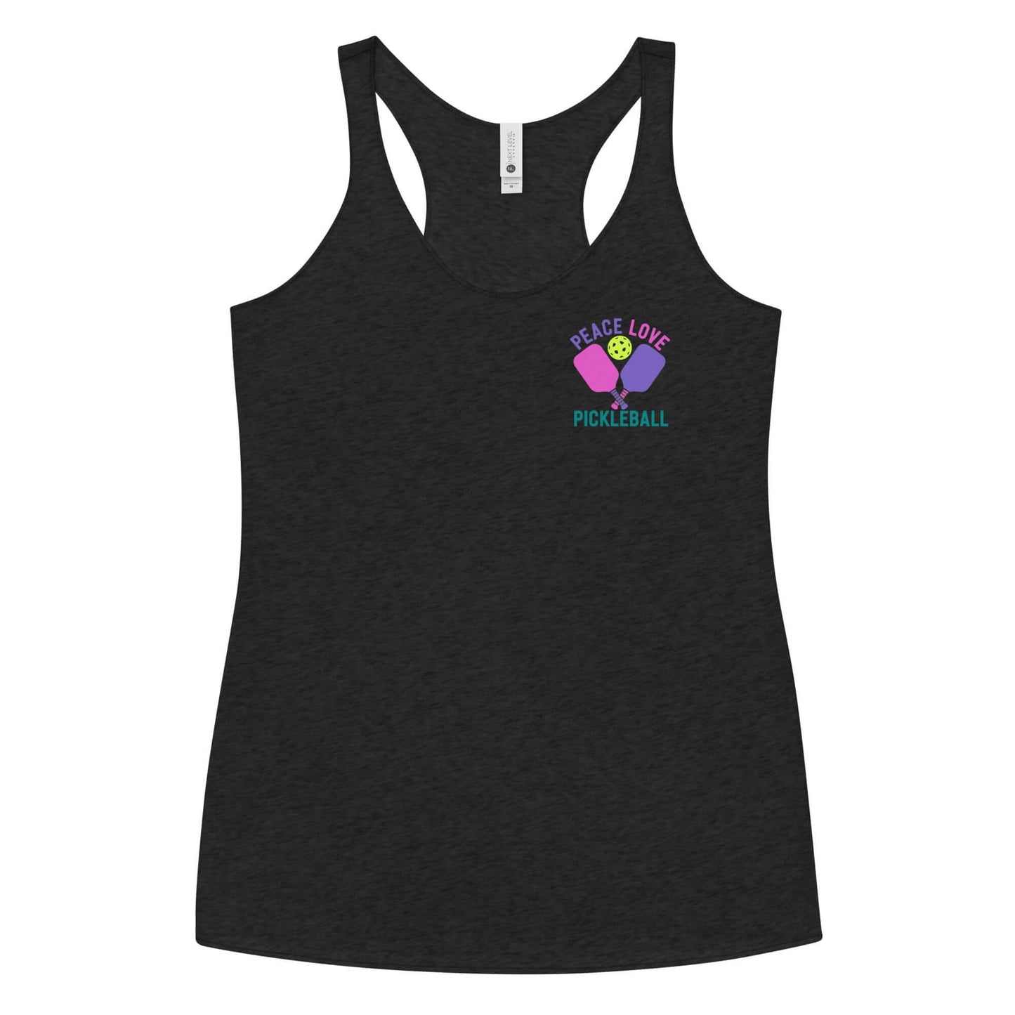Women's black racerback tank with 'Peace Love Pickleball' graphic for activewear.