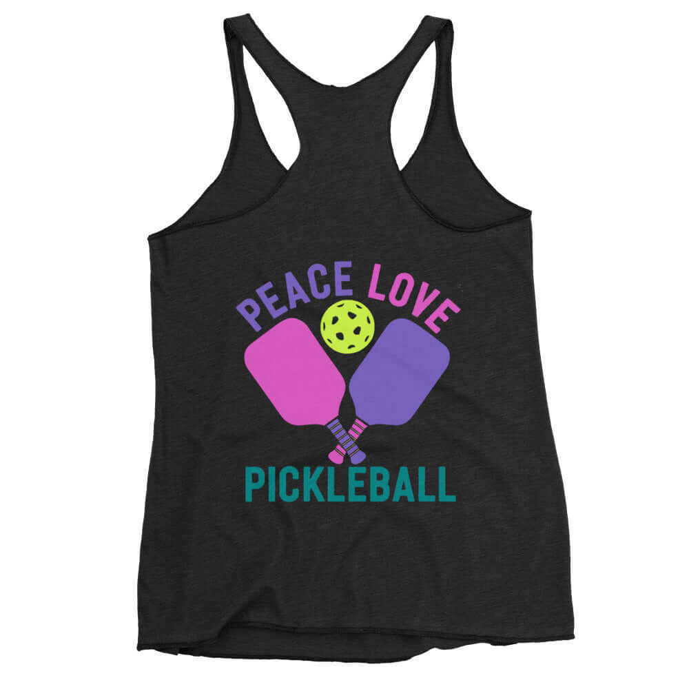 Women's racerback tank top with 'Peace Love Pickleball' design for active and casual wear.