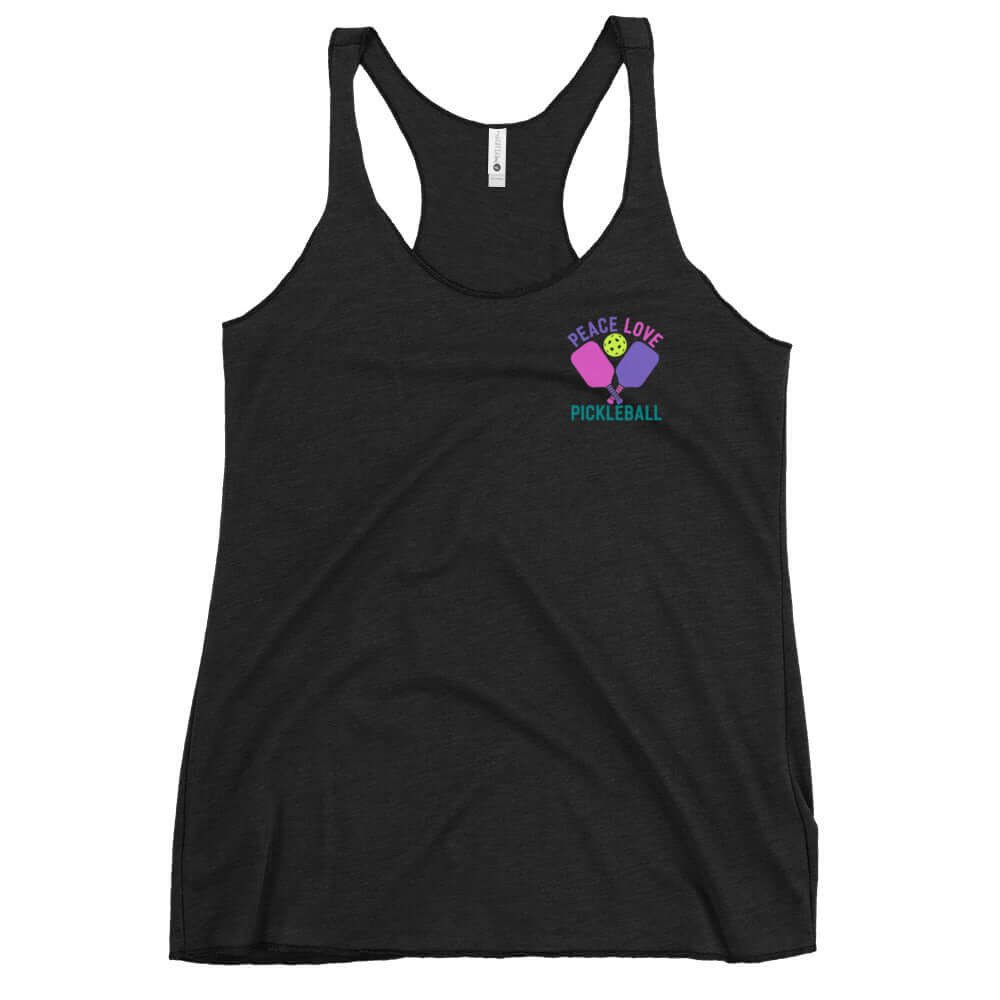 Women's black racerback tank top featuring 'Peace Love Pickleball' graphic, perfect for active wear or casual outings.