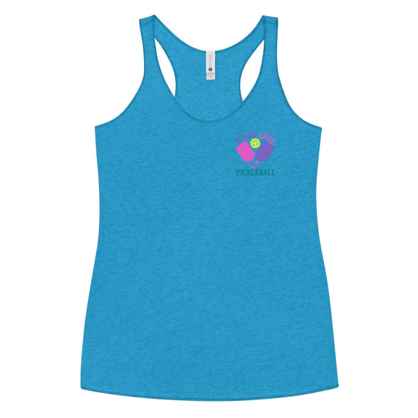 Blue women's racerback tank top featuring 'Peace, Love, Pickleball' graphic design.
