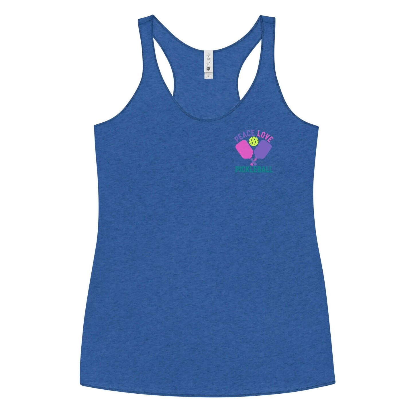 Women's Peace, Love, Pickleball Racerback Tank in blue with modern design and vibrant graphic.