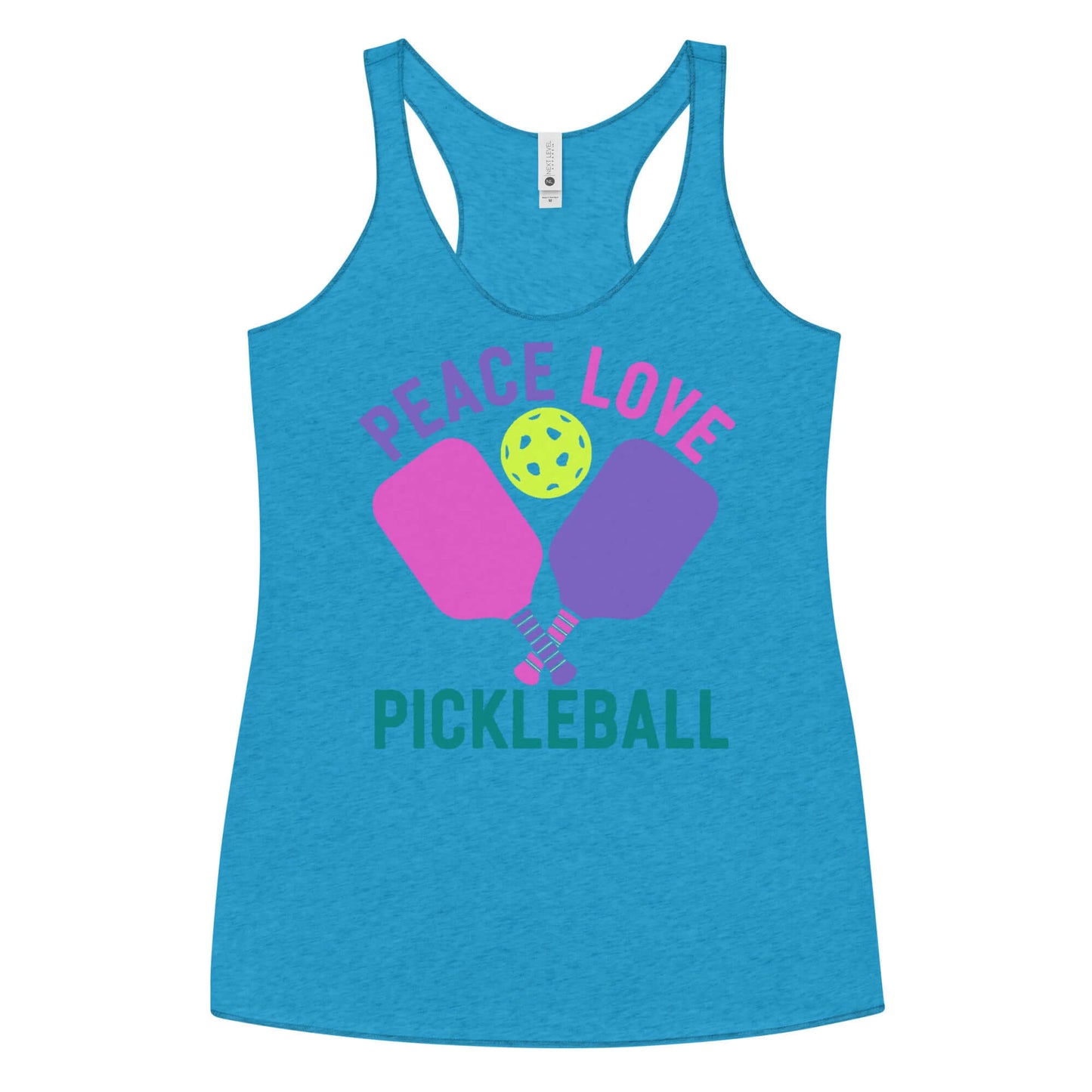 Women's blue racerback tank top with 'Peace Love Pickleball' graphic and colorful paddles, perfect for players.