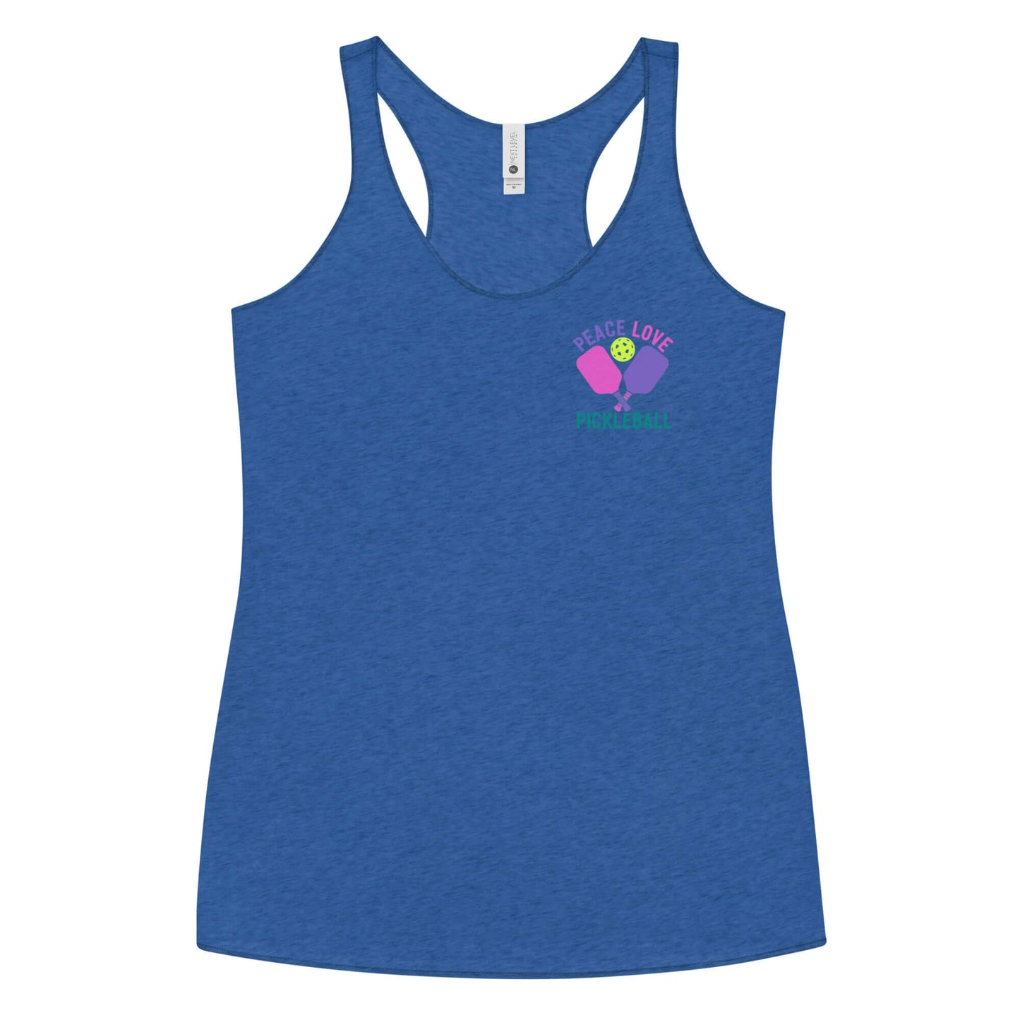 Women's blue racerback tank top with 'Peace Love Pickleball' graphic, perfect for active and casual wear.