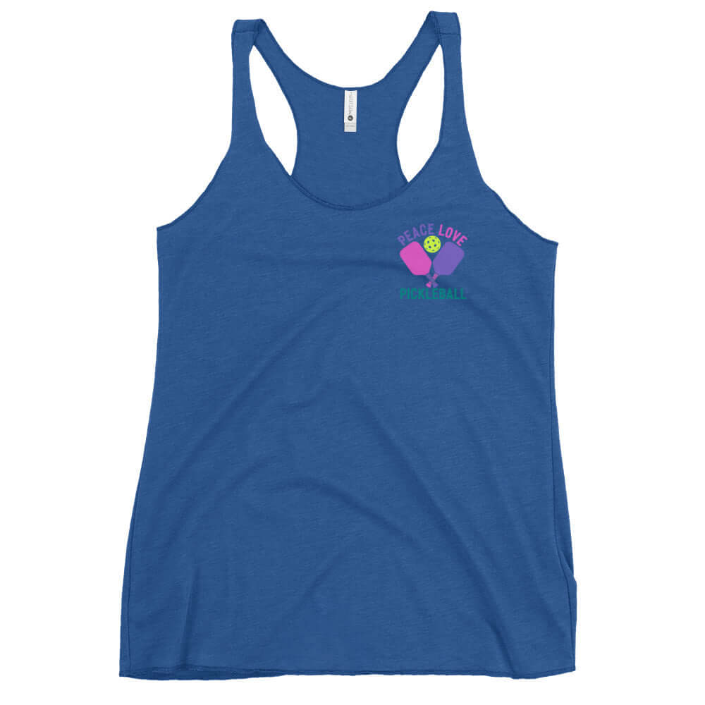 Women's Peace, Love, Pickleball Racerback Tank in blue with pickleball and peace design.