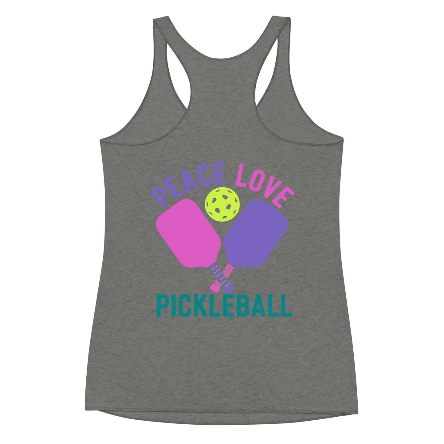 Women's gray racerback tank top with 'Peace Love Pickleball' graphic and paddles.