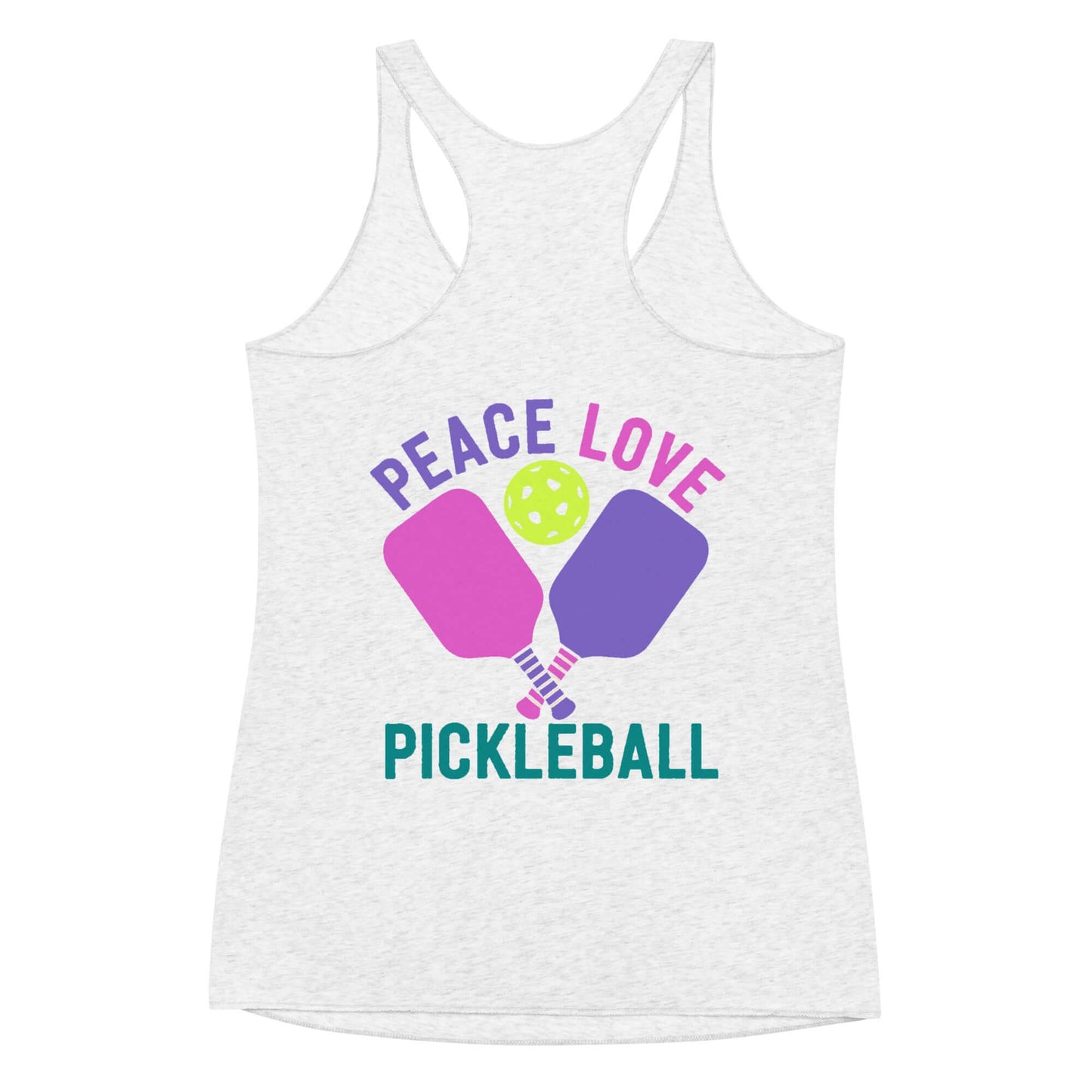 Women's racerback tank top featuring "Peace Love Pickleball" design and paddles, perfect for active lifestyles.